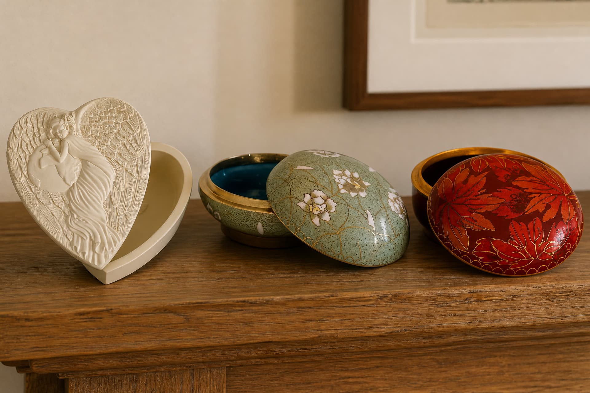 Three keepsake memento boxes in different shapes and finishes arranged on a wooden shelf in soft indoor light
