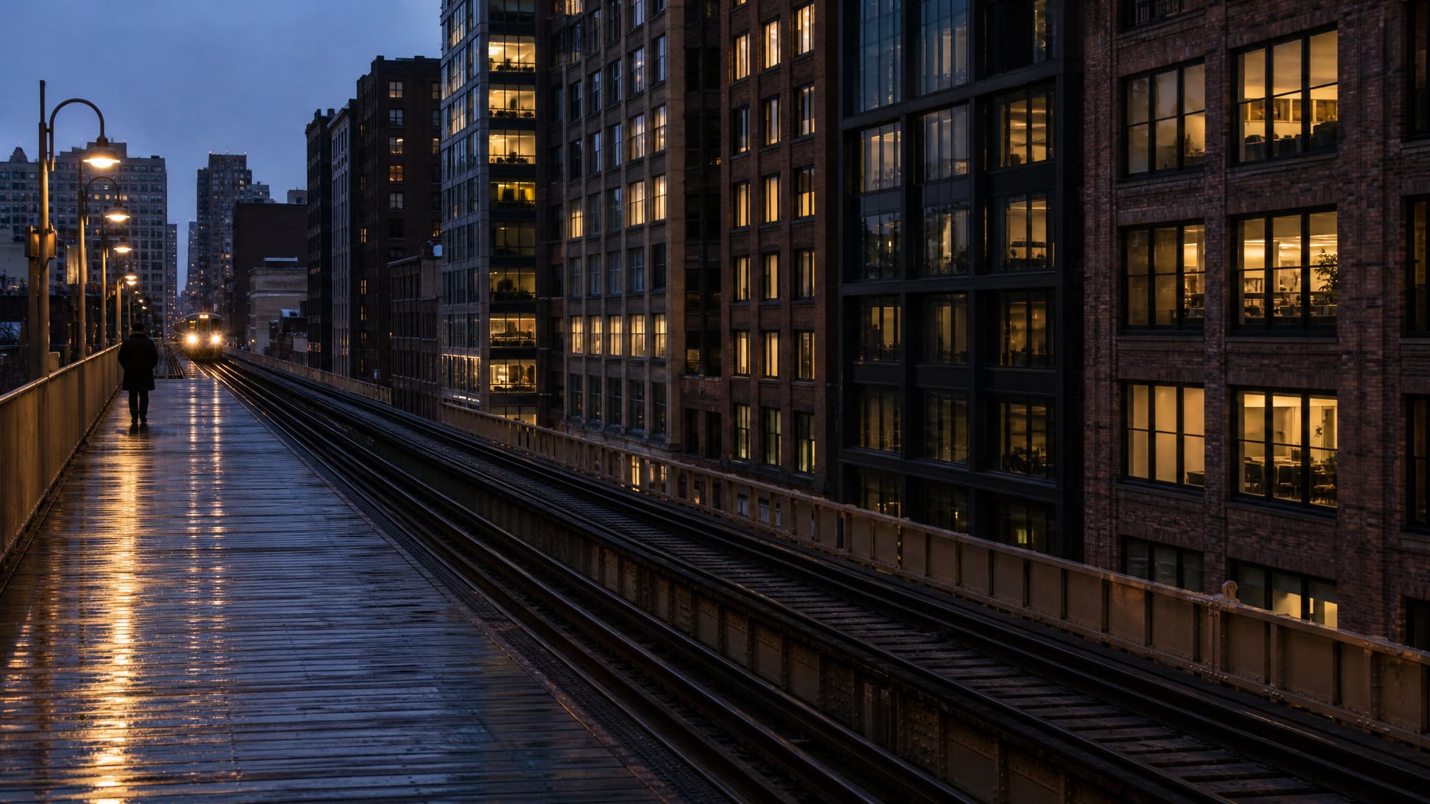 A Chicago elevated rapid-transit platform at dusk after rain, the wet planking reflecting the platform lamps, a train approaching head-on far down the track with two headlights burning, brick and glass buildings crowding the right-hand side of the tracks with their office and apartment windows lit warm against a deep blue sky, and one person in a dark winter coat walking away down the platform