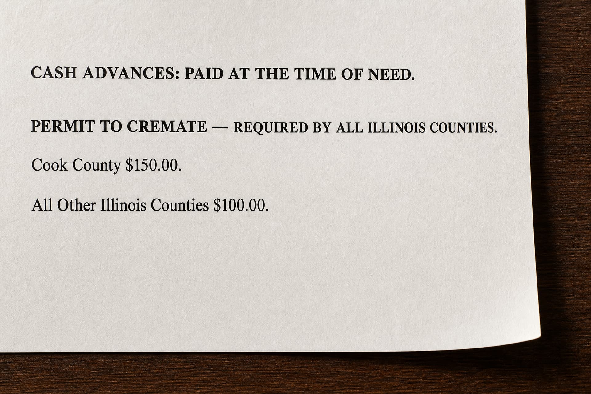 A close overhead photograph of a sheet of a printed funeral home price list lying on a dark walnut desk, its right-hand edge and its slightly lifted lower corner in frame, carrying four lines of type and nothing else โ "CASH ADVANCES: PAID AT THE TIME OF NEED.", then "PERMIT TO CREMATE โ REQUIRED BY ALL ILLINOIS COUNTIES.", then "Cook County $150.00." and "All Other Illinois Counties $100.00." โ with no letterhead, business name or other line visible