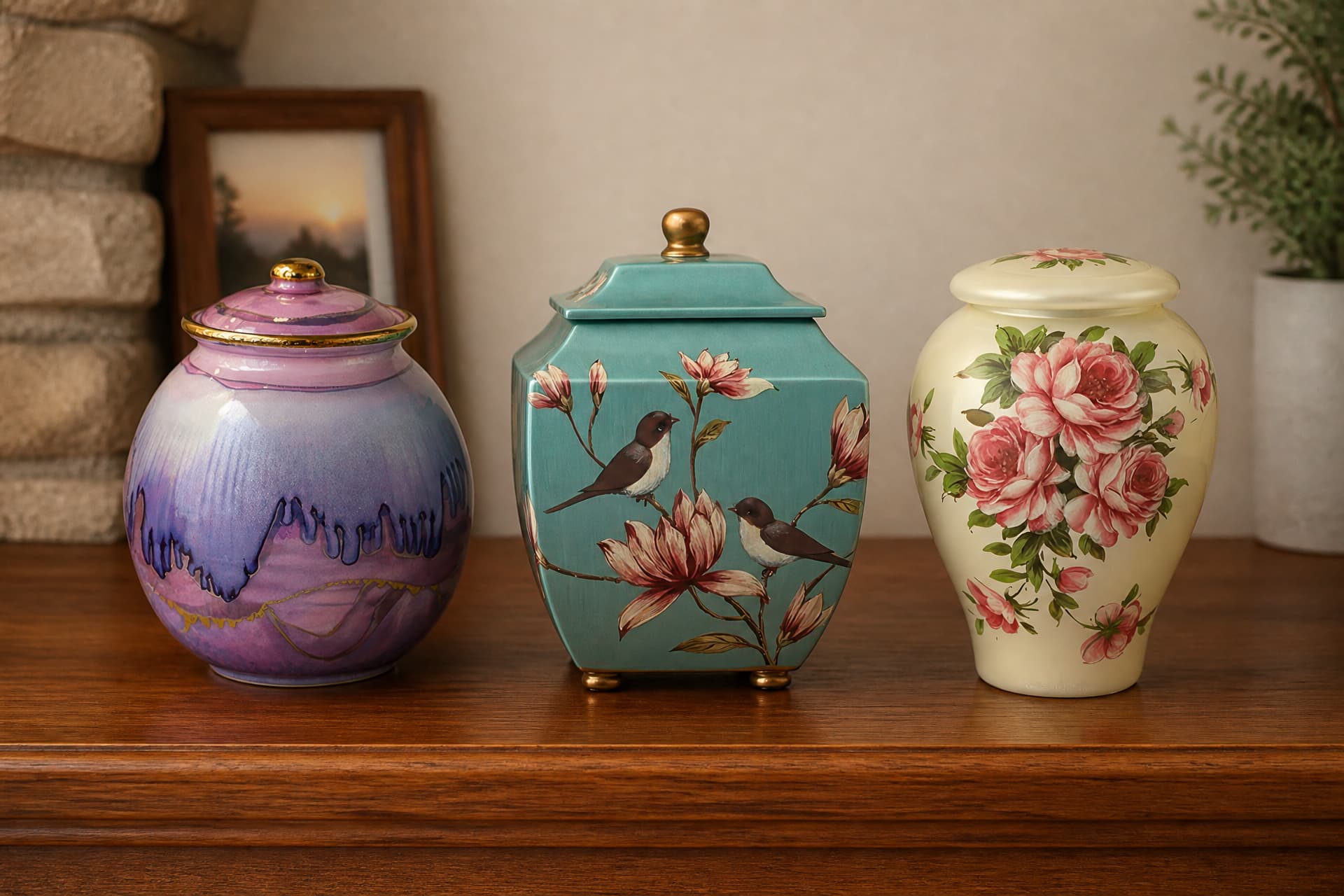 Three ceramic cremation urns in a row on a wooden sideboard โ a round pink and purple luster urn with a gold-rimmed lid, a square teal urn painted with birds and magnolia blossoms, and a cream urn with pink roses