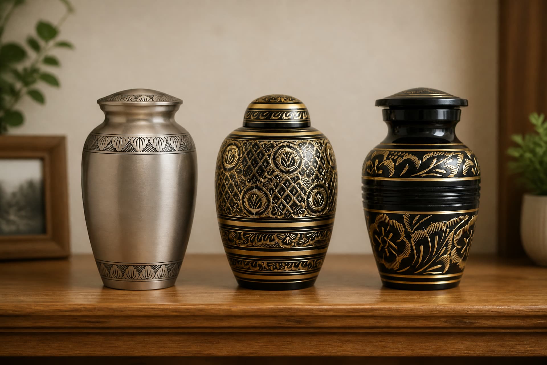 Three cremation urns standing in a row on a wooden shelf in a softly lit home, a framed picture and a plant out of focus behind them โ a brushed pewter urn with two engraved bands of leaf shapes, a black urn with gold medallions over a lattice under a domed banded lid, and a black urn with gold engraved flowers above and below a ribbed waist
