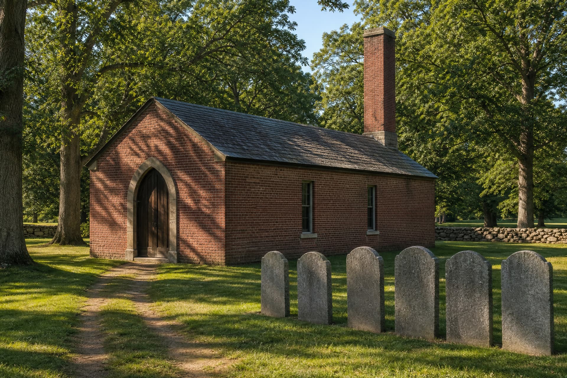 A small red brick crematory with a slate roof and a tall square brick chimney among mature trees in an old cemetery, an arched wooden door in its gable end at the head of a mown grass path, and six plain granite headstones at right with their backs to the camera