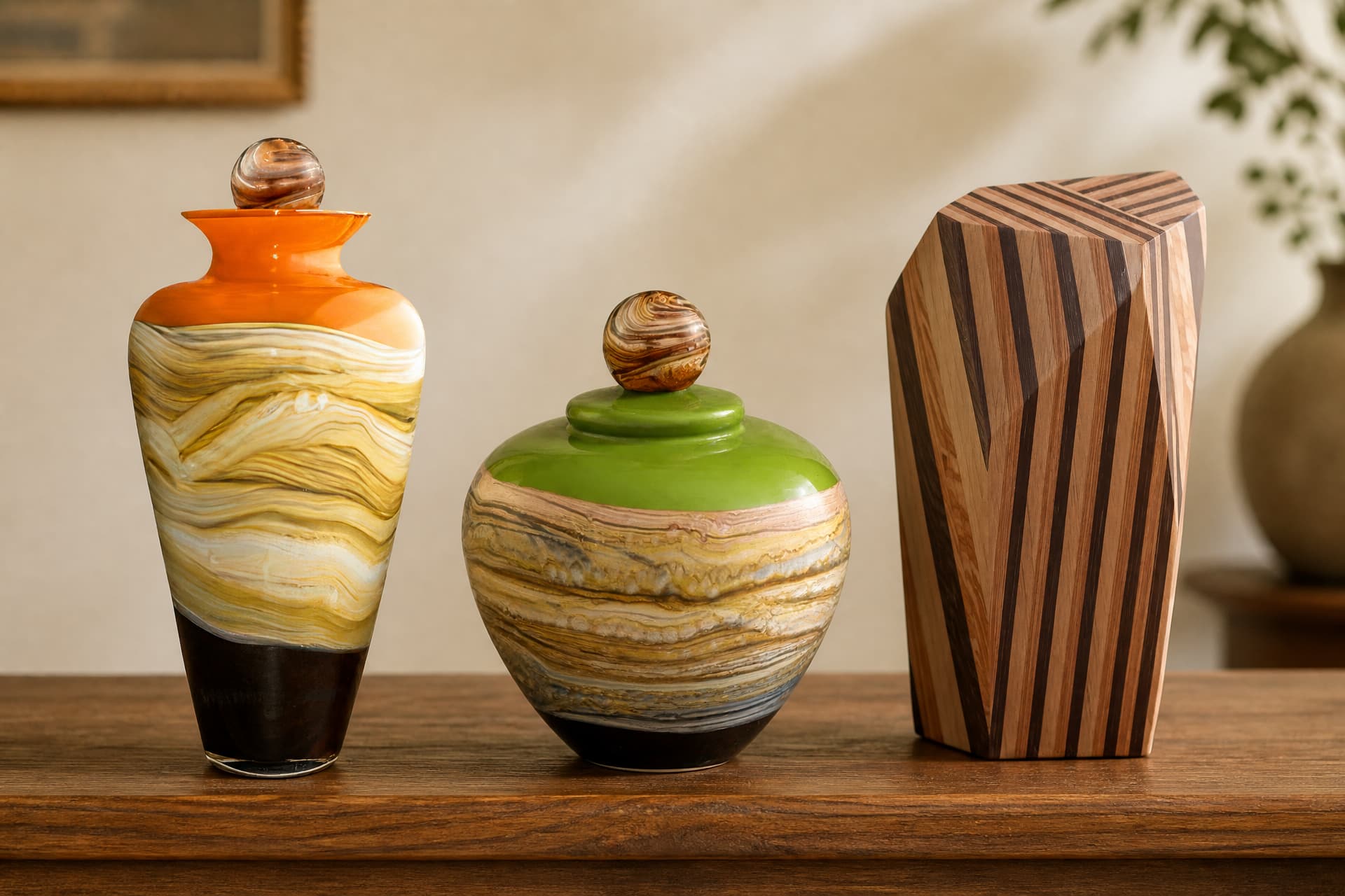 Three art cremation urns on a wooden sideboard โ a tall glass urn with an orange collar over cream and amber swirls, a squat green-lidded glass urn with a swirled ball finial, and a faceted urn of striped pale and dark hardwood