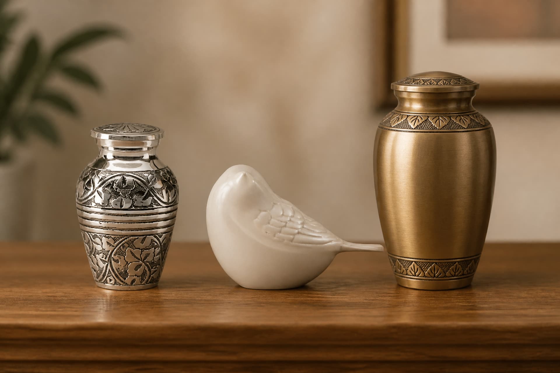 Three keepsake cremation urns on a wooden shelf โ a small silver urn banded with engraved leaves, a white ceramic bird resting on its base, and a bronze urn with engraved leaf bands at shoulder and foot