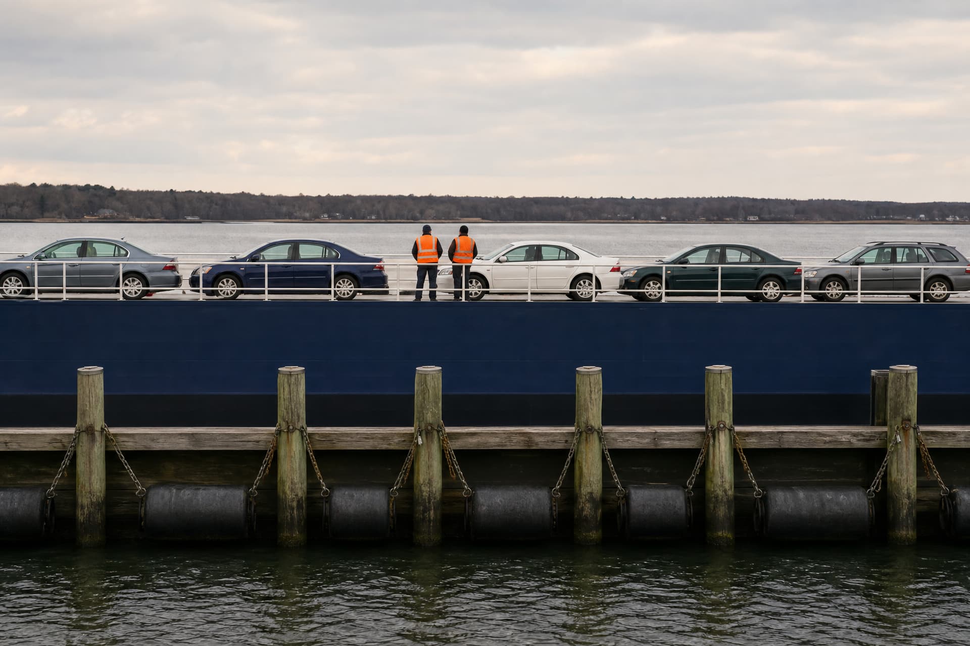 A vehicle ferry alongside a pier under flat overcast light, seen square from the side: five cars parked broadside on the open deck behind a white railing, two crew in orange vests at the rail with their backs to the camera, timber pilings in the foreground and a low wooded shore beyond