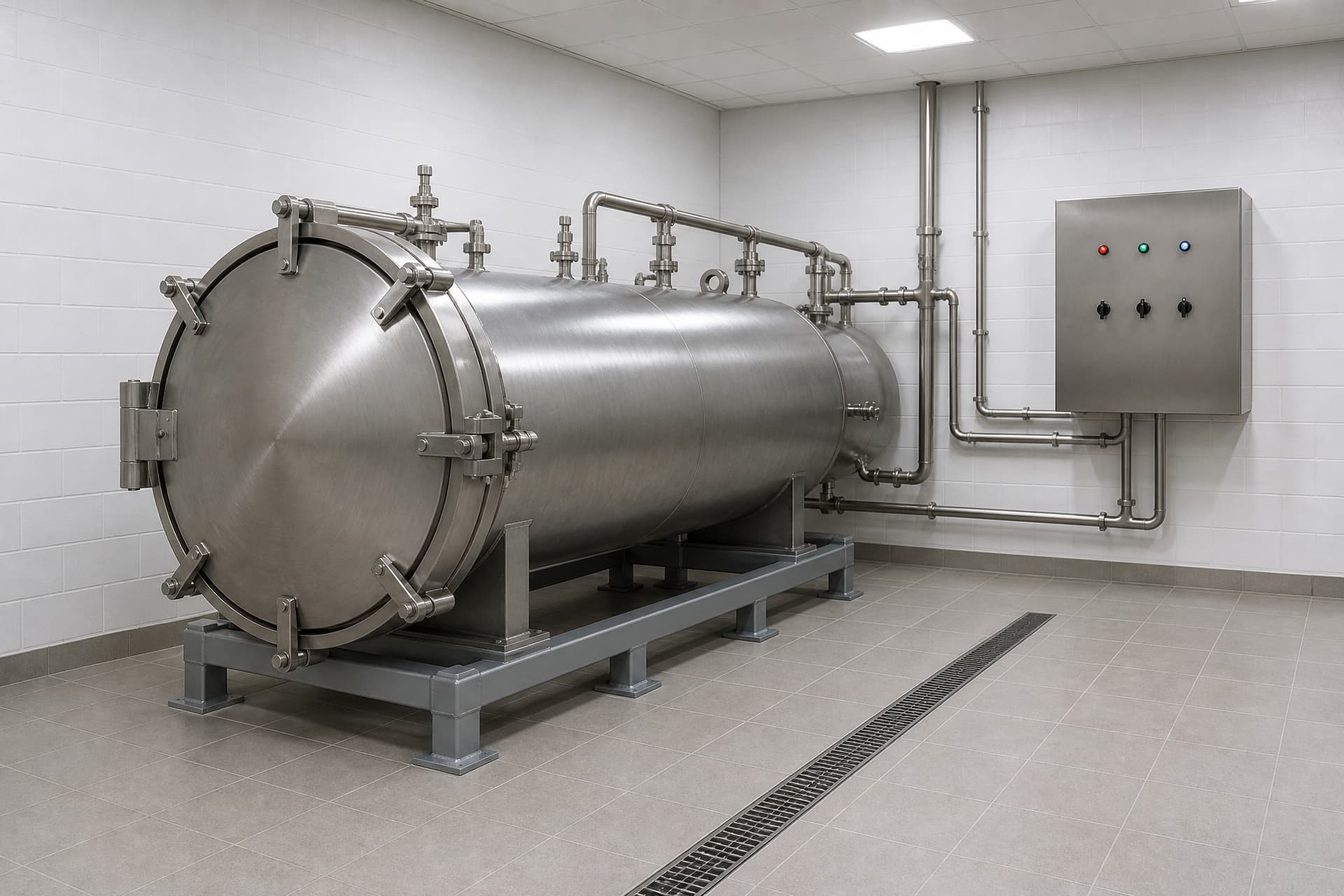 A horizontal stainless steel alkaline hydrolysis vessel on a gray steel frame in a clean, empty, white-walled facility room, its round door closed and clamped, stainless pipework running to a blank stainless control box on the wall, a slot drain in the tiled floor and no badging or lettering anywhere in the room