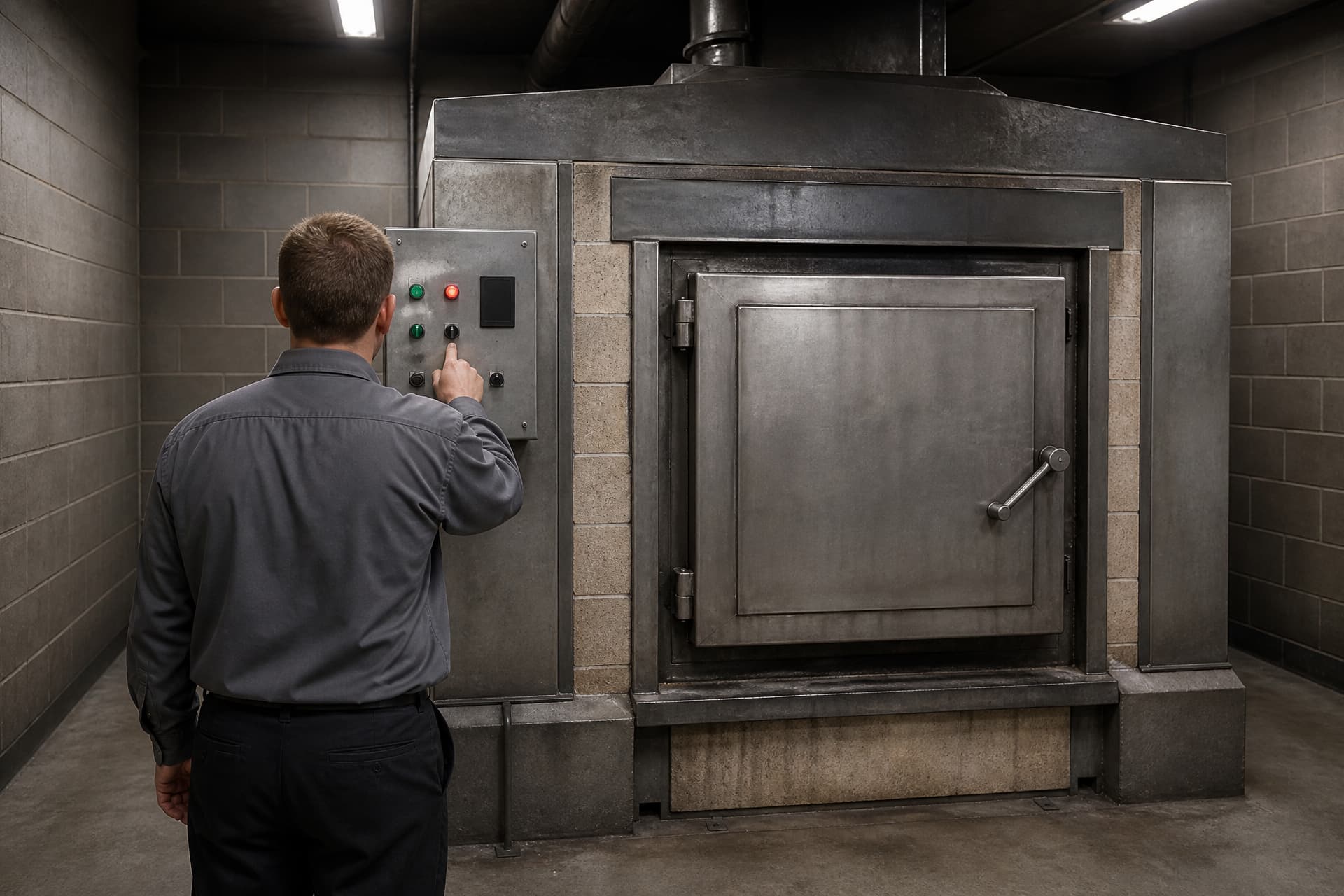 Seen from behind, a crematory operator in a gray work shirt reaches a finger to a switch on the unlabeled steel control panel of a cremation retort, the retort's closed chamber door and its stack filling the frame beside him in a small windowless block-walled room