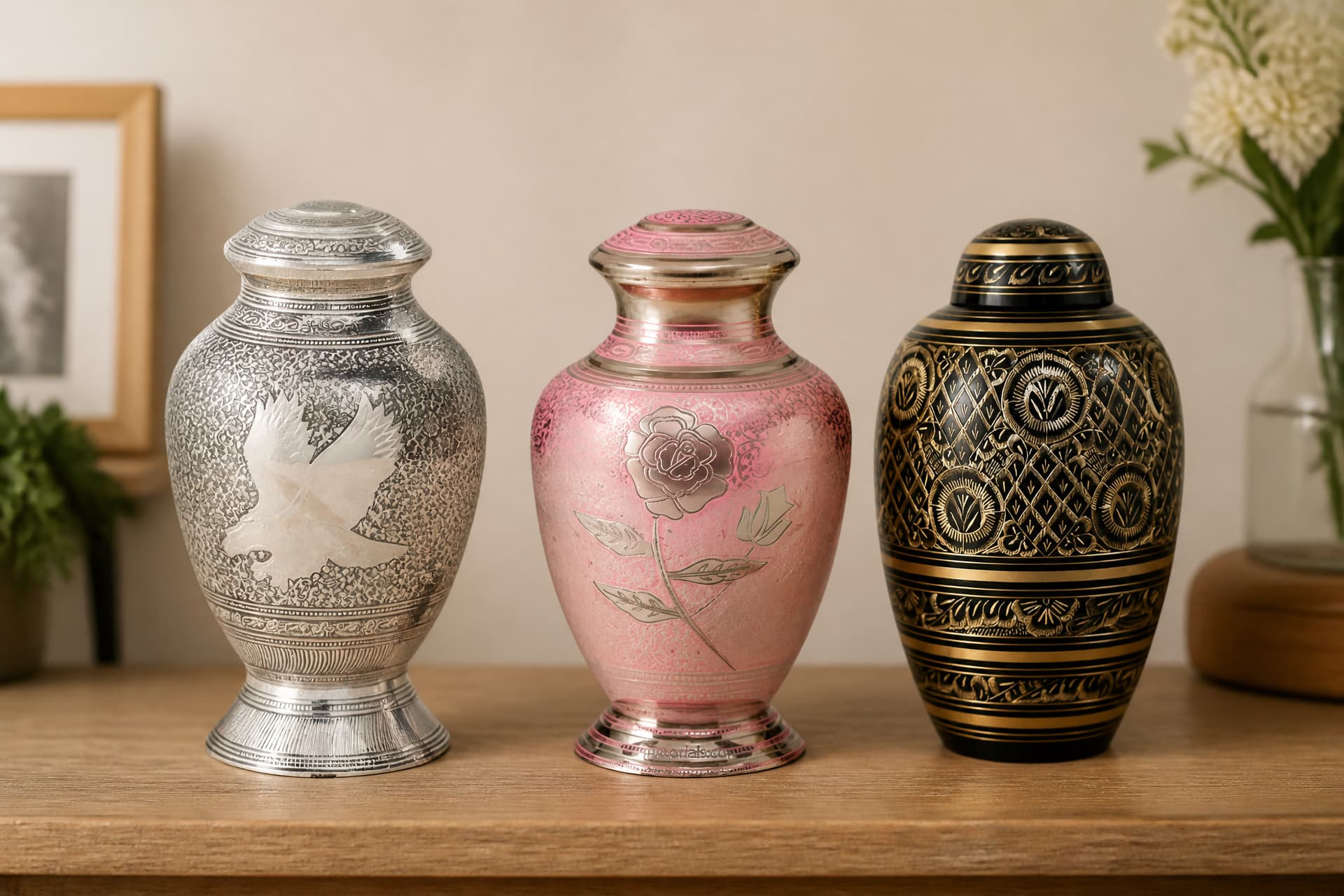 Three metal cremation urns standing in a row on a wooden sideboard in a softly lit room, a framed photograph and a vase of white flowers blurred behind them: a silver urn engraved with a white flying eagle, a pink urn with a silver rose and leaves, and a black urn banded and patterned in gold