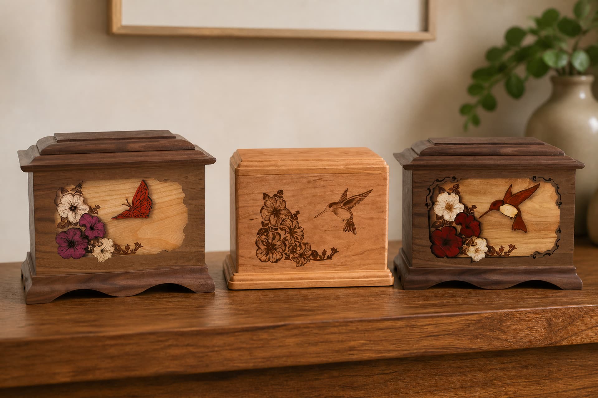 Three rectangular wooden cremation urns standing in a row on a wooden sideboard: a dark walnut box inlaid with a red butterfly and pink and cream petunias, a pale cherry box engraved with a hummingbird among flowers, and a dark walnut box with a red inlaid hummingbird inside a scrolled border