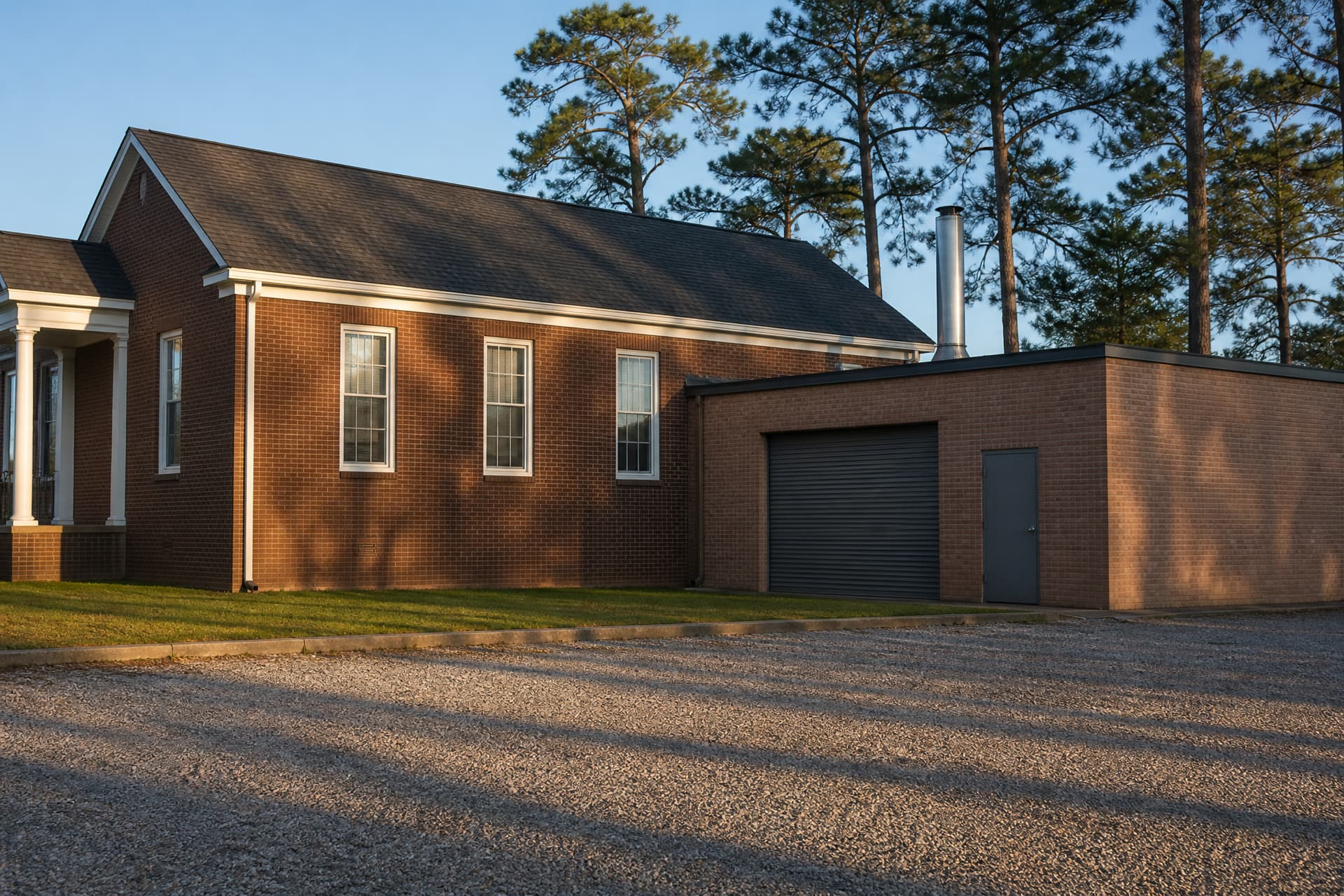 A red-brick funeral home seen from its gravel back lot in late-afternoon sun, white portico columns at the left edge and a low flat-roofed brick addition built against it, carrying a roll-up vehicle door and a slim metal flue
