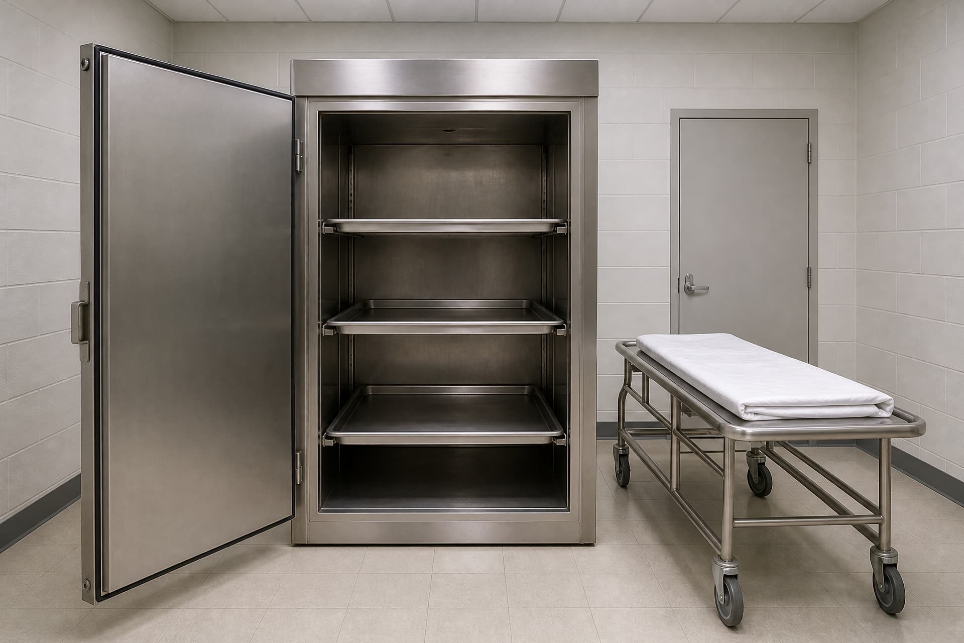 A stainless steel mortuary refrigeration unit in a tiled funeral home holding room, its heavy insulated door swung open on exactly three empty stainless trays, with a wheeled cot under a folded white sheet standing beside it