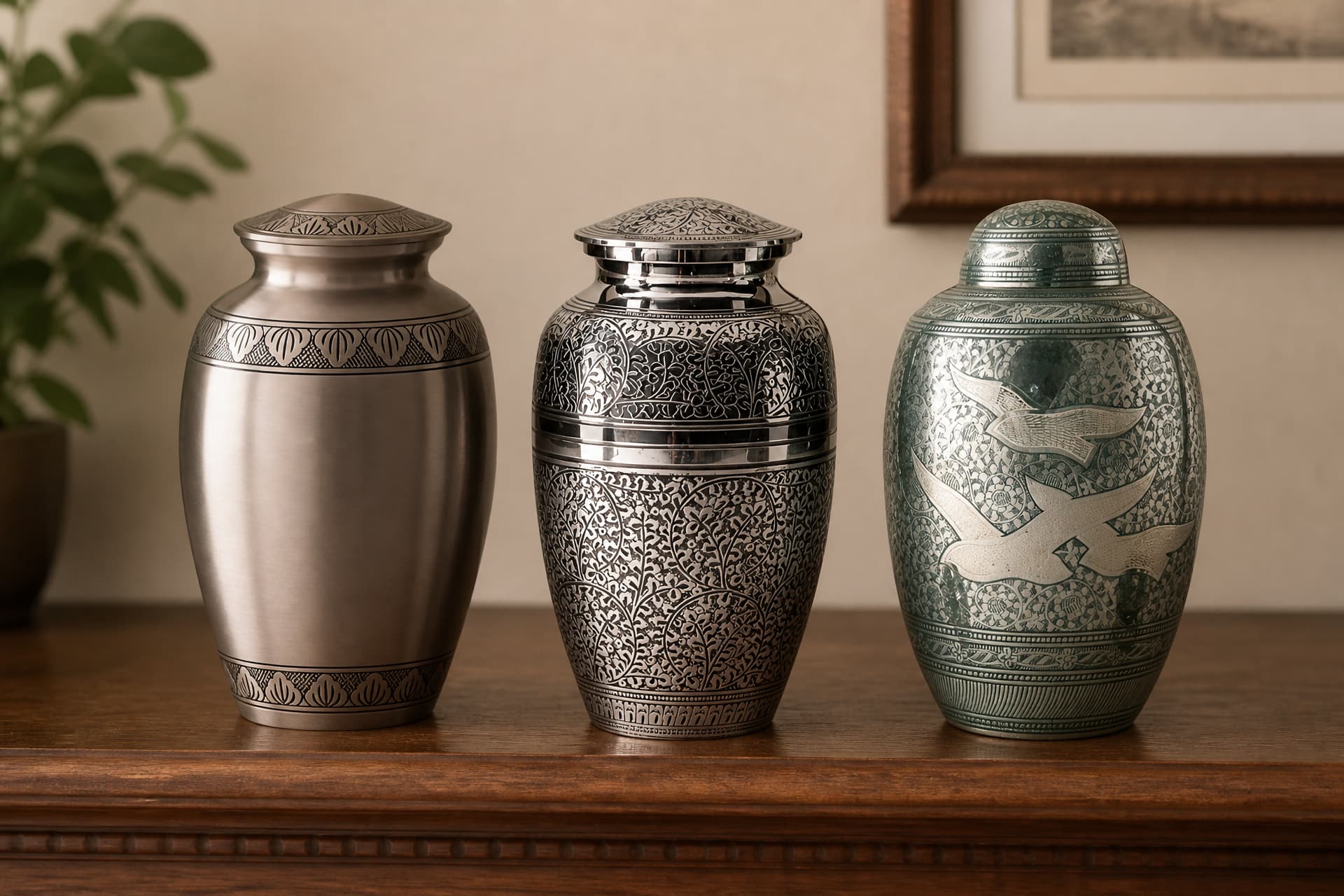 Three cremation urns in a row on a dark wooden sideboard at eye level โ plain brushed pewter on the left, fine silver vine-and-leaf etching in the middle, and a green urn carrying white flying doves on the right