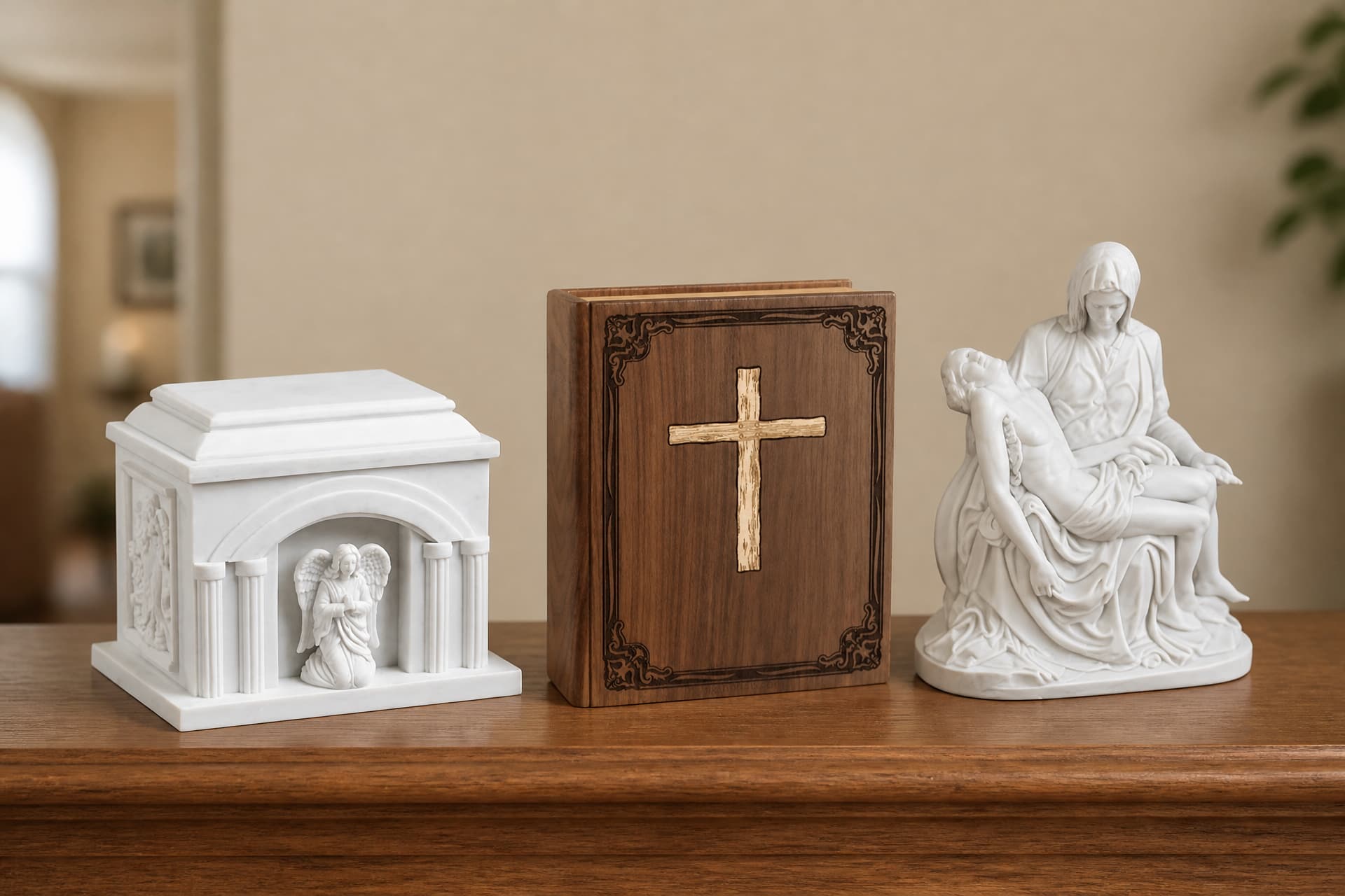 Three religious cremation urns on a polished wooden sideboard โ a white marble shrine box with a kneeling angel under its columned arch, a walnut book-shaped urn with an inlaid cross, and a white marble Pieta group