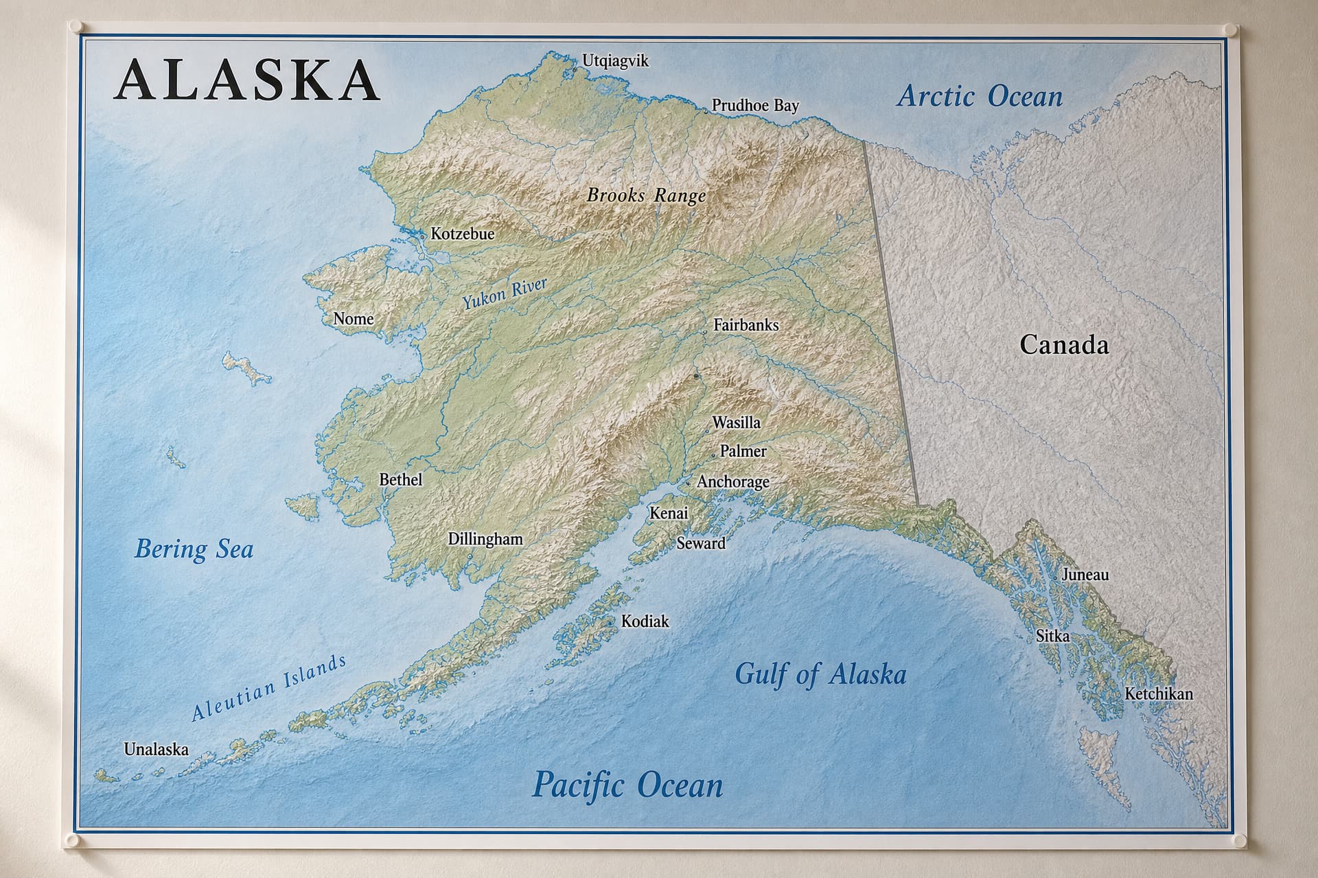 A large printed paper wall map of Alaska on a plain wall, showing shaded relief and the state's scattered communities from Utqiagvik in the north to Ketchikan in the southeast, with enormous distances between them
