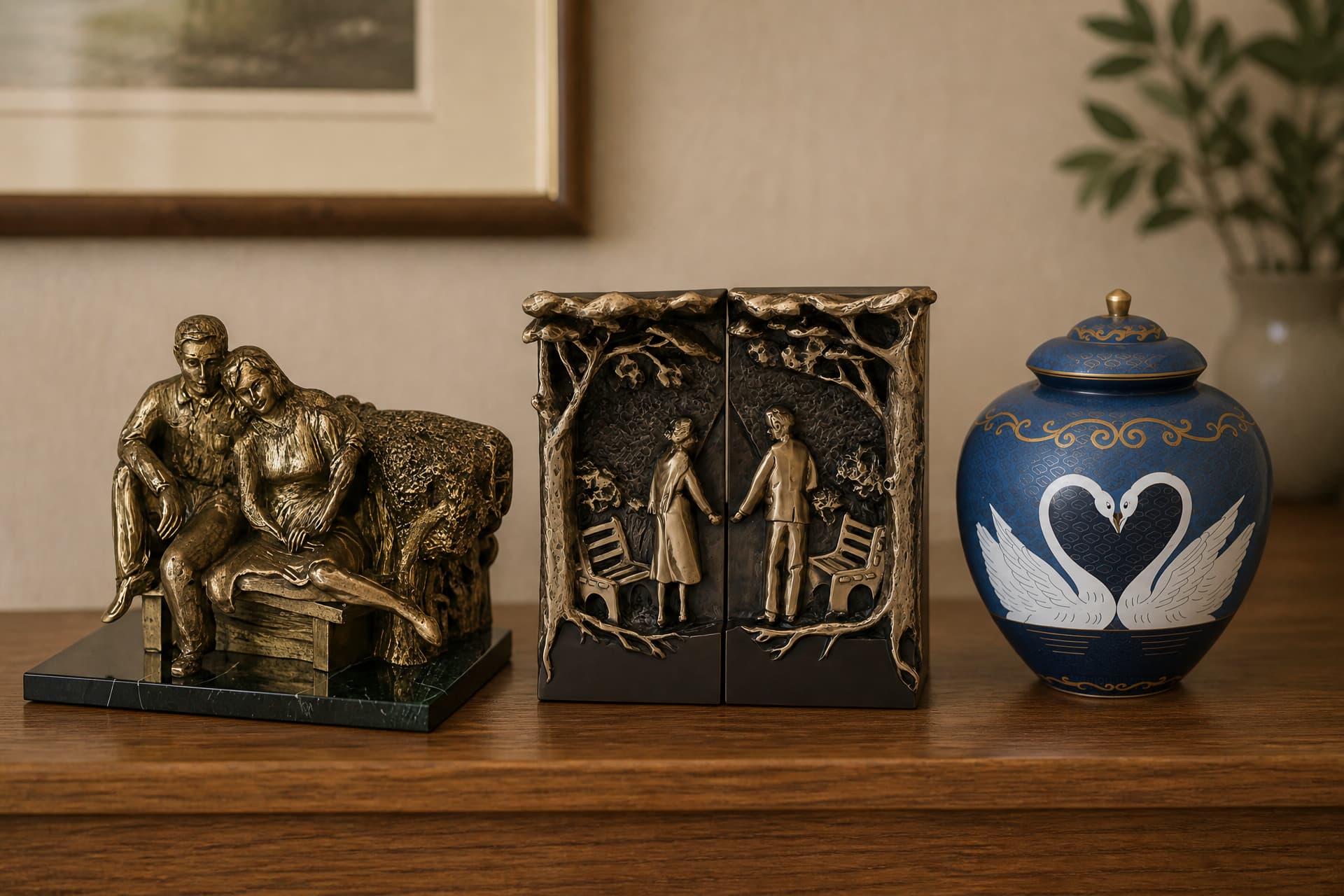 Three companion cremation urns on a wooden sideboard โ a bronze sculpture of a seated couple on a marble base, a pair of bronze relief panels showing two figures under trees, and a blue urn painted with two swans forming a heart