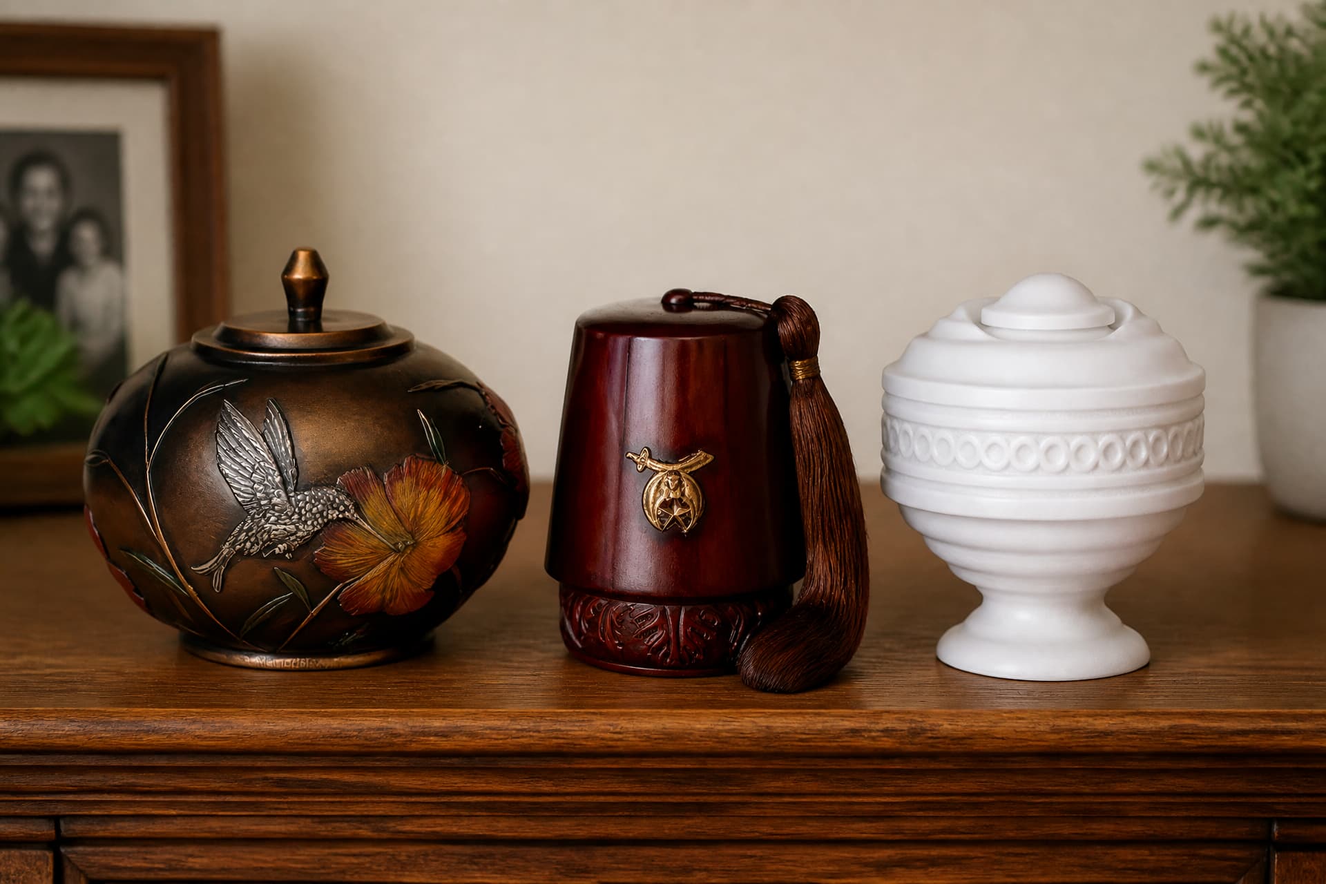 Three distinctive cremation urns on a wooden sideboard โ a bronze urn with a pewter hummingbird and an orange blossom, a deep red urn shaped like a fez with a tassel and a gold emblem, and a plain white ribbed urn