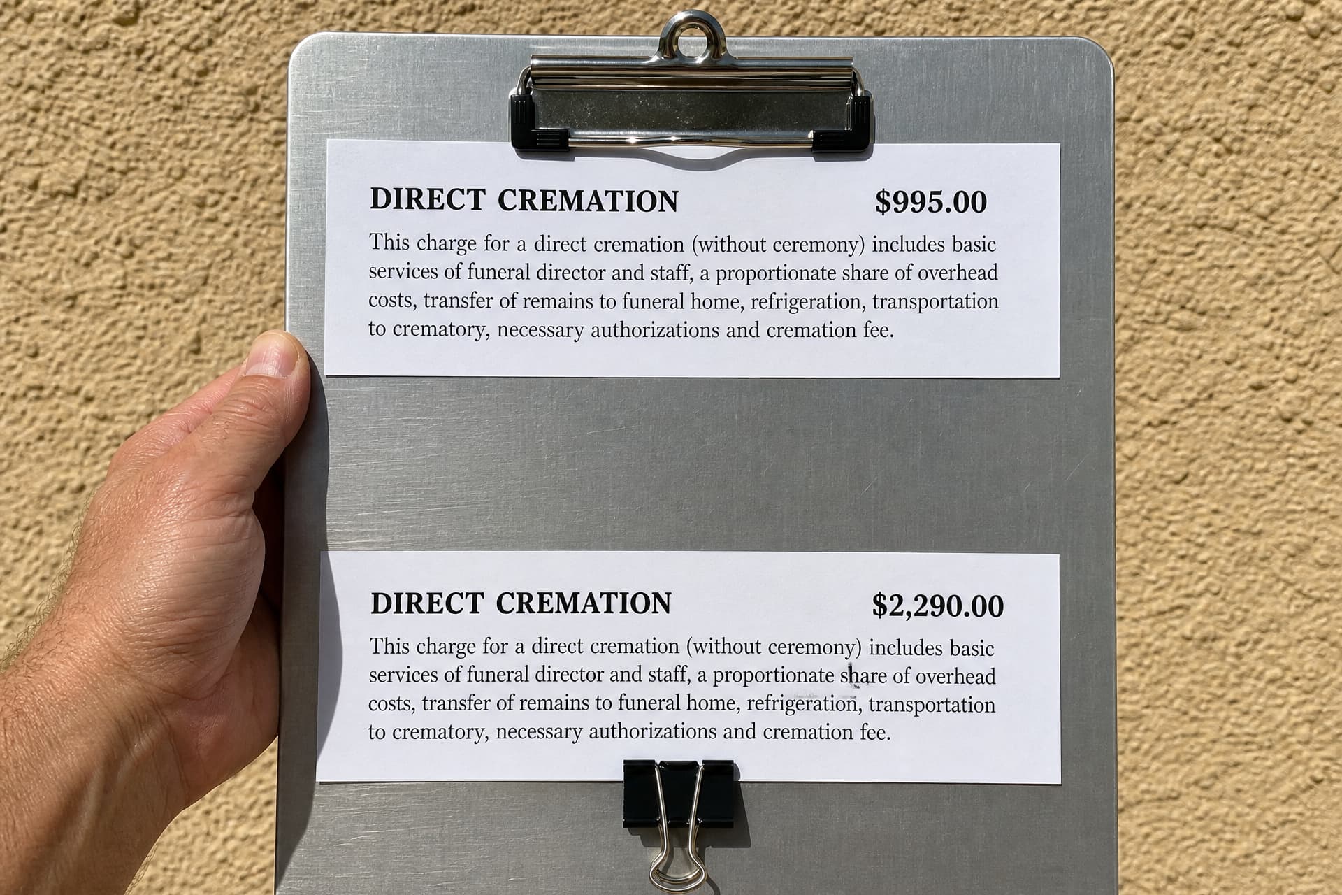 A hand holds a metal clipboard against a sunlit tan stucco wall. Two price-list strips are clipped to it, each headed DIRECT CREMATION above the same paragraph of small print โ the upper one at $995.00, the lower at $2,290.00