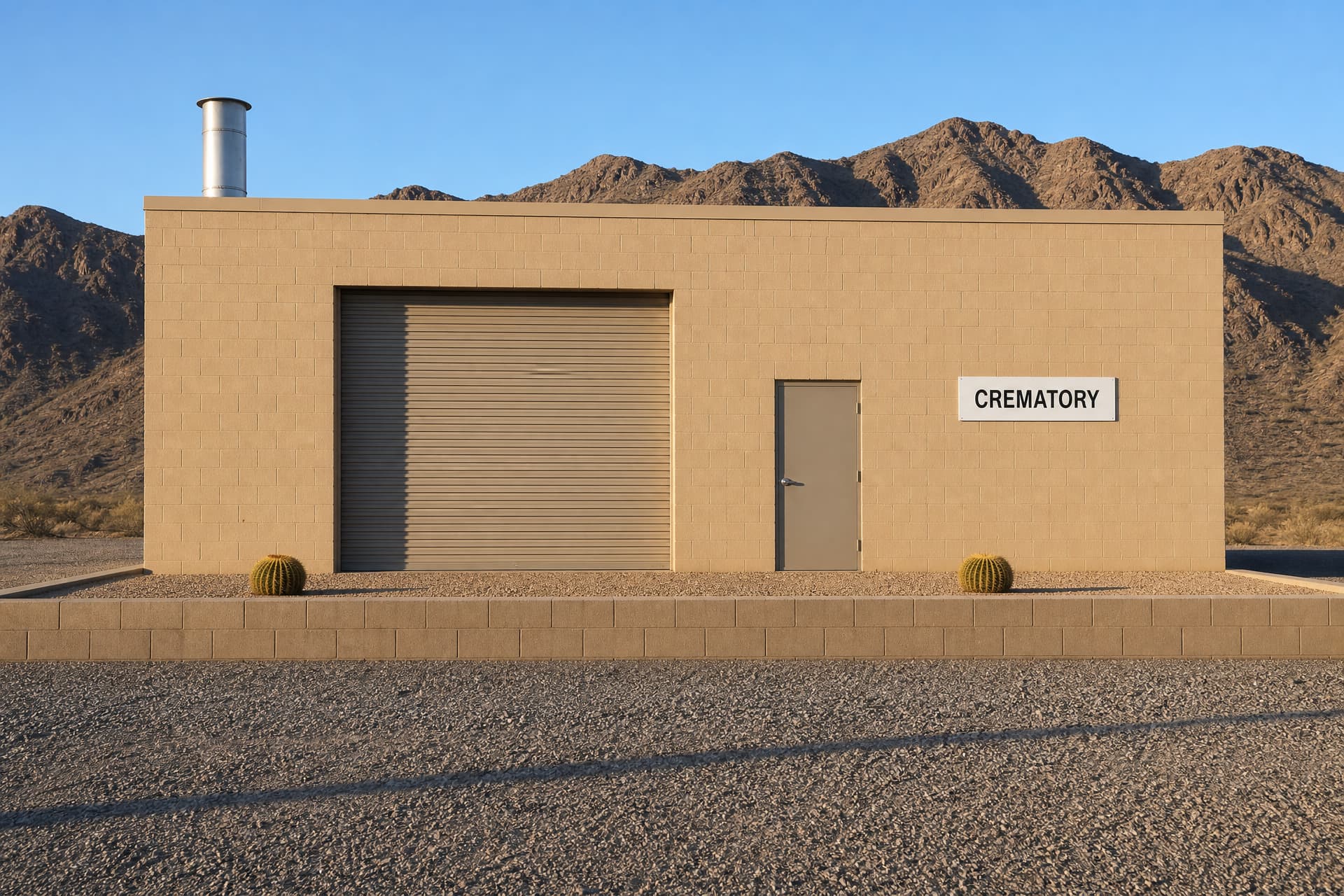 A single-story tan concrete-block building in the Arizona desert, with a closed roll-up vehicle door, a person-height entry door, a stainless exhaust stack on the roof, and a white wall sign reading CREMATORY. Gravel and bare brown mountains behind