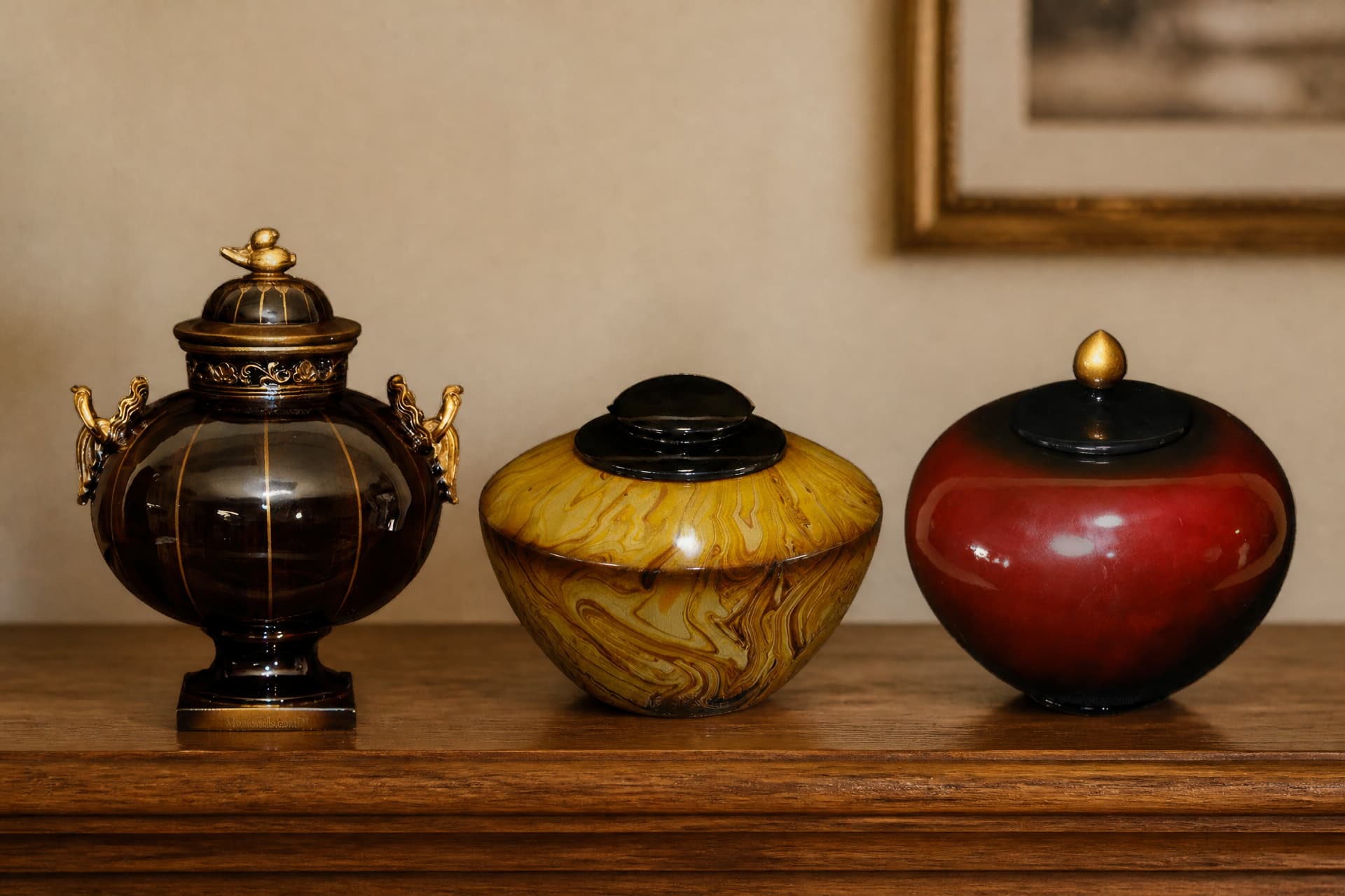 Three cremation urns in a row on a walnut sideboard: a dark brown footed sphere with gold handles, a wide low marbled ochre urn with a black lid, and a deep red rounded urn with a gold finial. A framed picture hangs behind