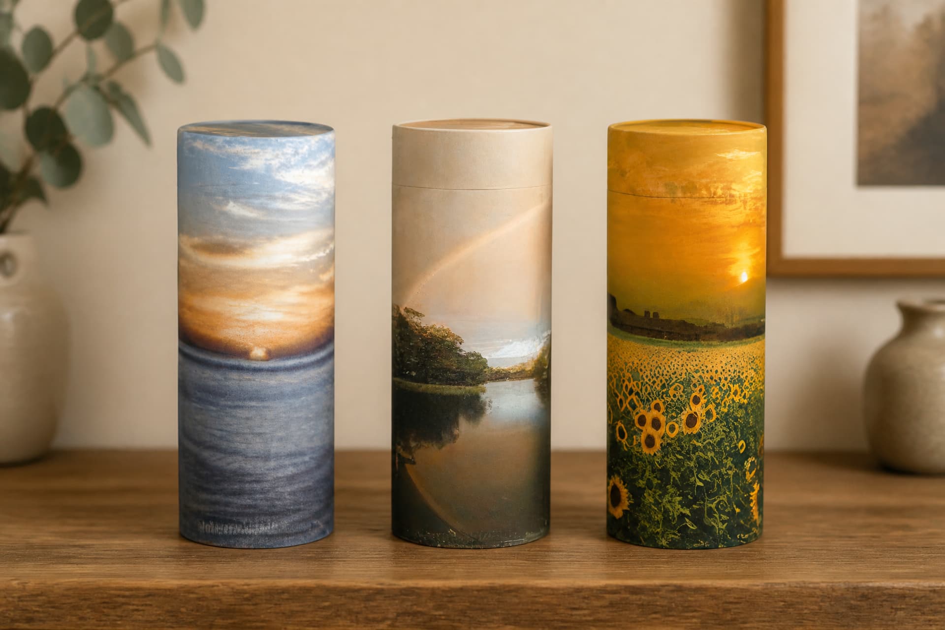 Three cylindrical scattering urns standing in a row on a walnut sideboard in daylight, printed with a sea sunset, a rainbow over a lake and a field of sunflowers, with a eucalyptus sprig and a framed landscape photograph behind them
