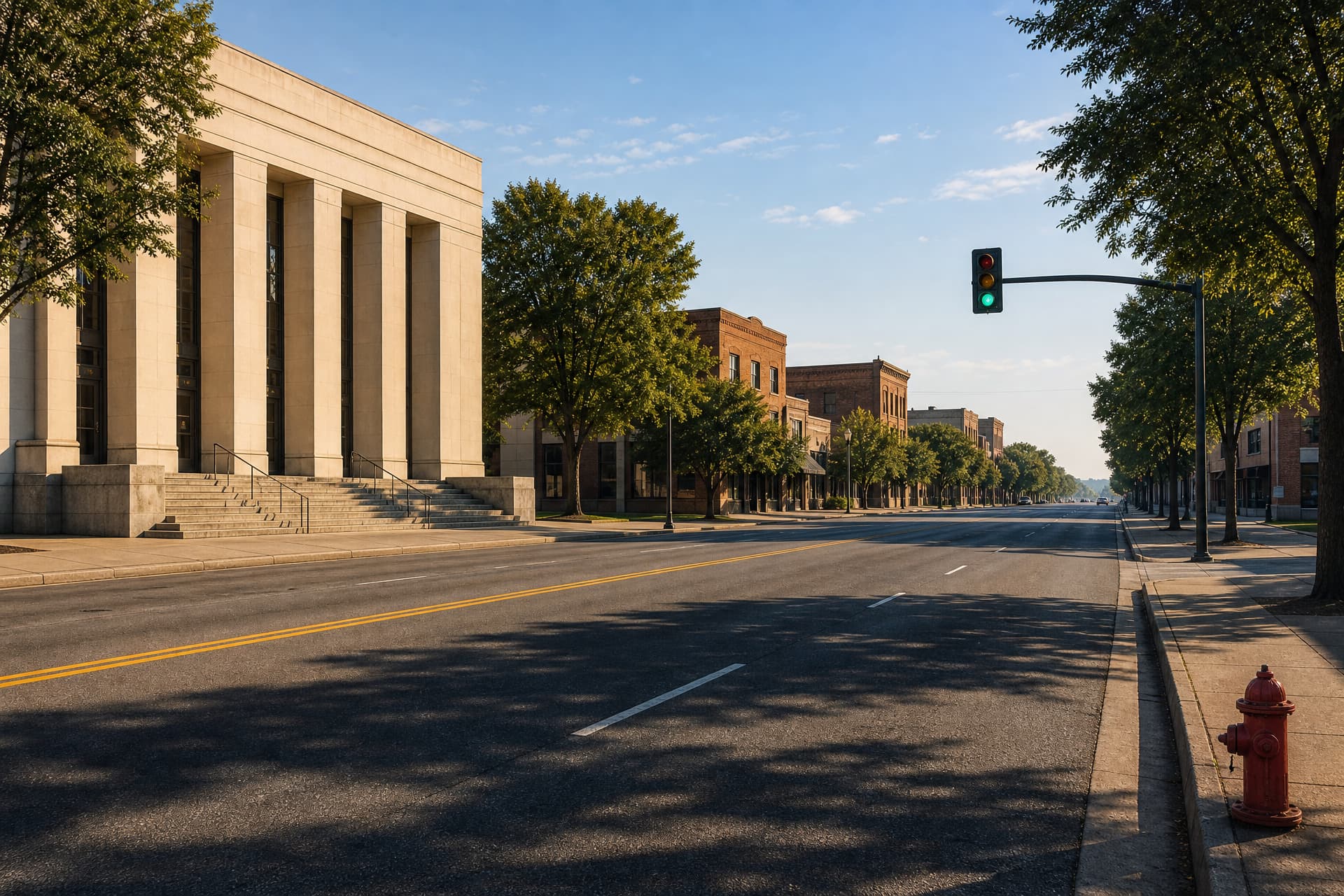 A broad four-lane Texarkana avenue early on a clear morning, empty asphalt running away under tree shadows, with a 1930s pale limestone federal building on the left corner, its tall square piers above granite steps