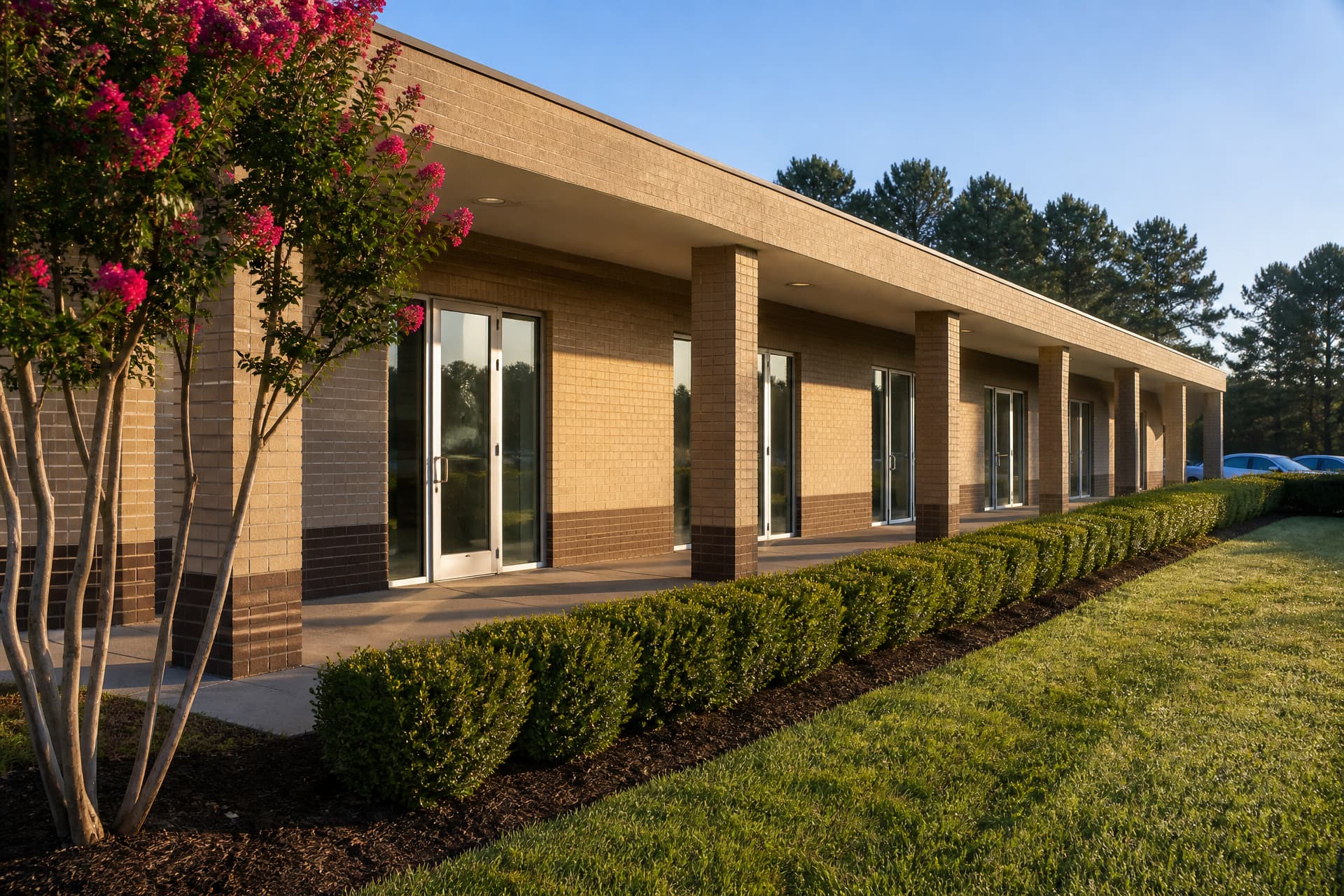 A low tan-brick office suite block on a mown Arkansas business park lot in warm morning sun, its covered walkway of brick piers running away past five plain glass tenant doors, with crape myrtle in bloom