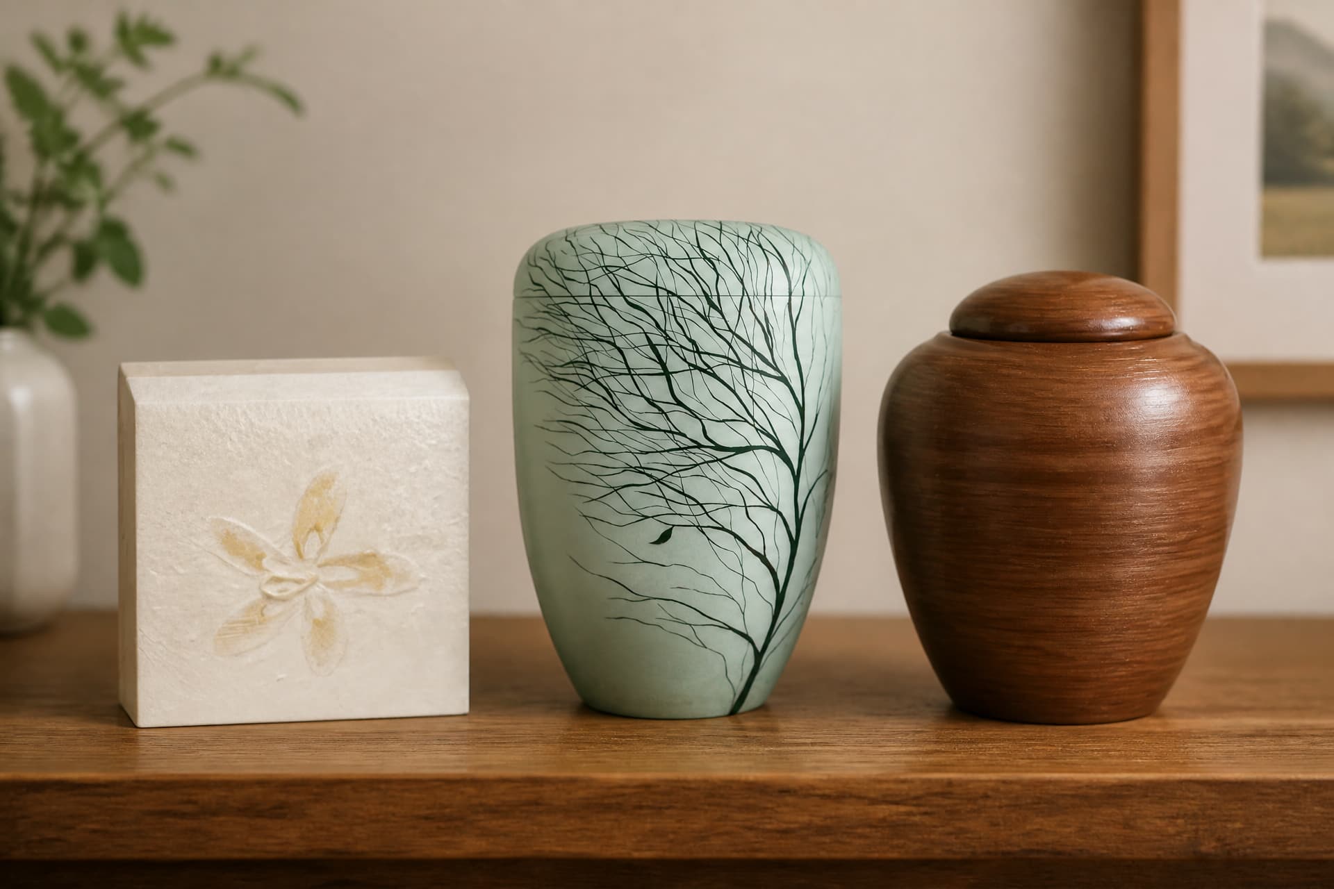 Three biodegradable cremation urns standing in a row on a wooden shelf in a softly lit home, left to right a square cream hemp block with a pressed flower set into its face, a tall pale green vessel painted with bare tree branches, and a rounded brown wood-grain jar with a domed lid