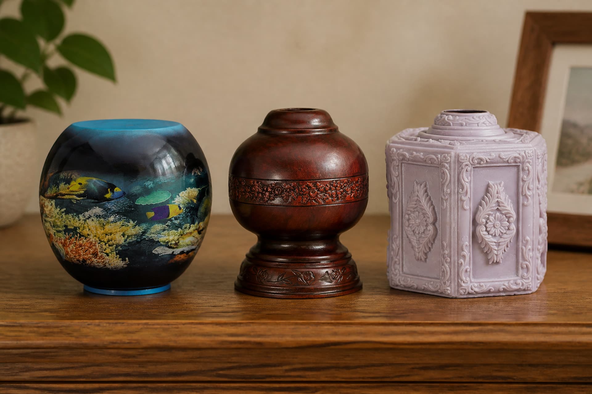 Three cremation urns standing in a row on a wooden shelf in a softly lit home, left to right a spherical urn printed with a coral reef and tropical fish, a dark red pedestal urn with a carved floral band around its middle, and a pale lavender hexagonal urn with raised scrollwork panels