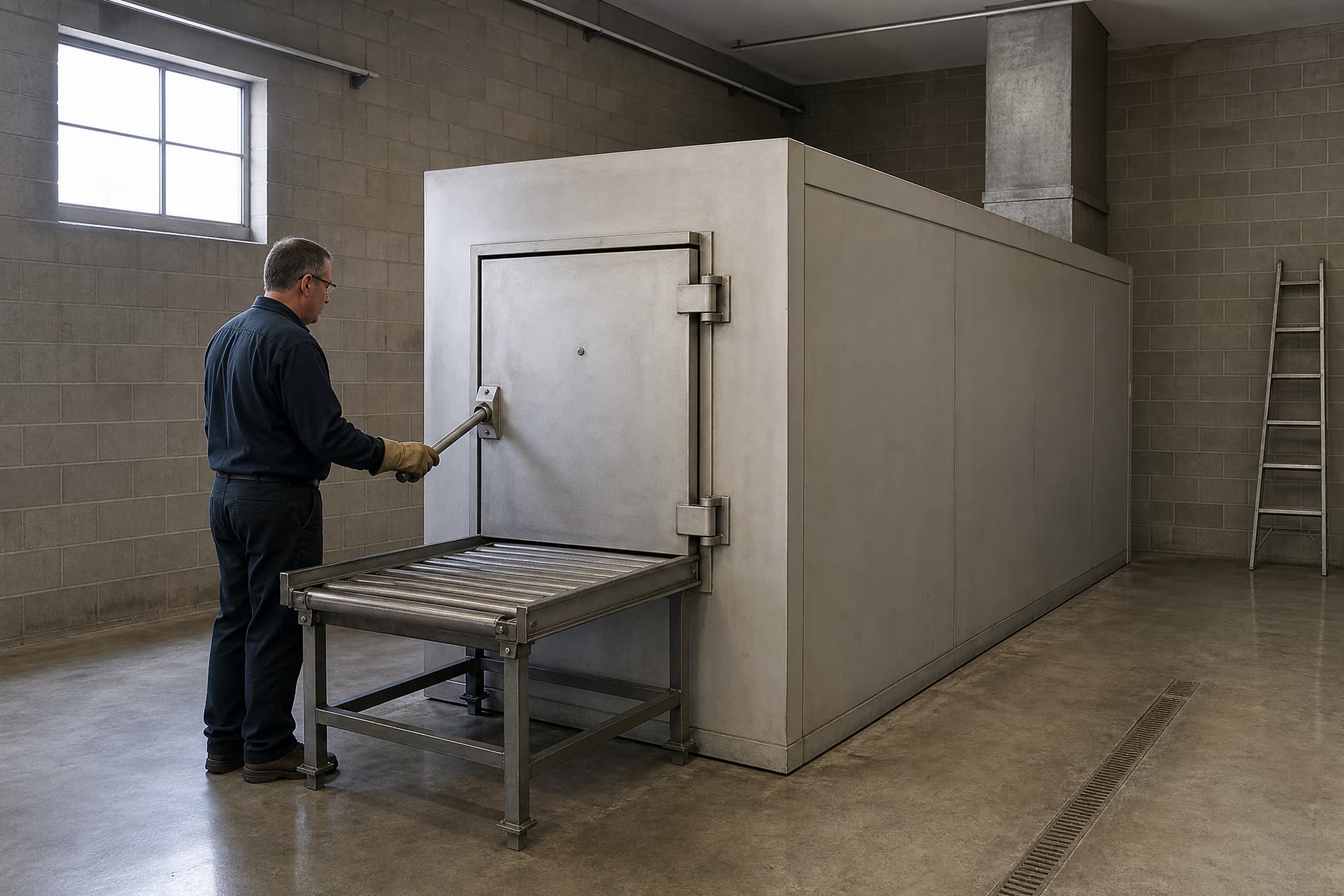 A crematory operator in dark work clothes and leather gloves stands beside the closed loading door of a large cremation retort in a bare concrete block room, one gloved hand on the door lever, daylight from a high window