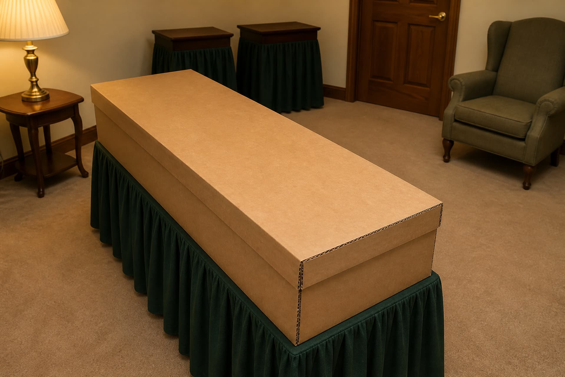 A plain kraft corrugated cremation container about six and a half feet long, its lid closed, resting on a green-draped stand in a carpeted funeral home selection room, with an upholstered armchair and a wooden door behind it for scale