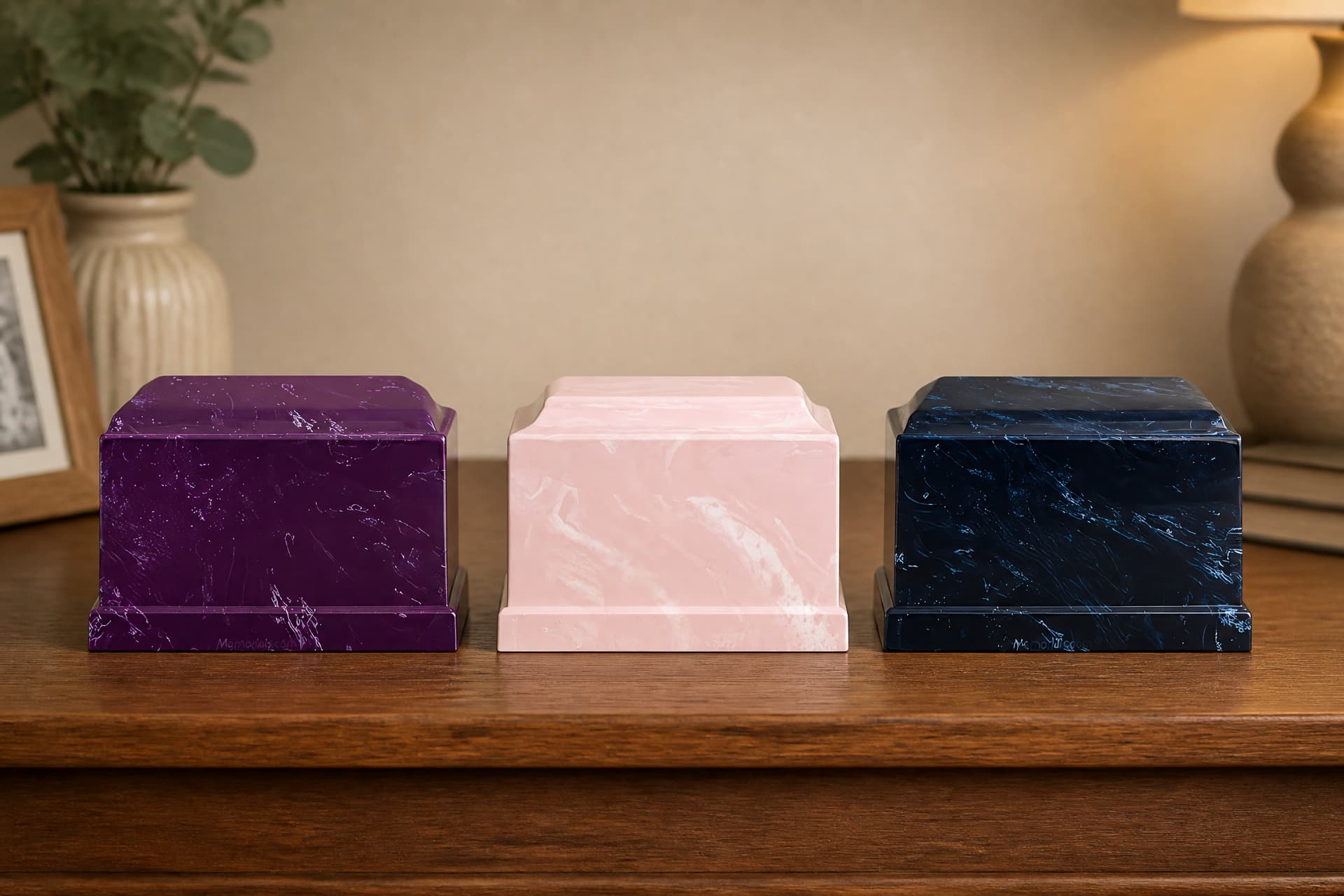 Three cultured stone box urns in a row on a wooden mantel in warm light β deep purple with white veining, pale pink marbled, and navy veined in blue β each the same classic shape with a stepped lid