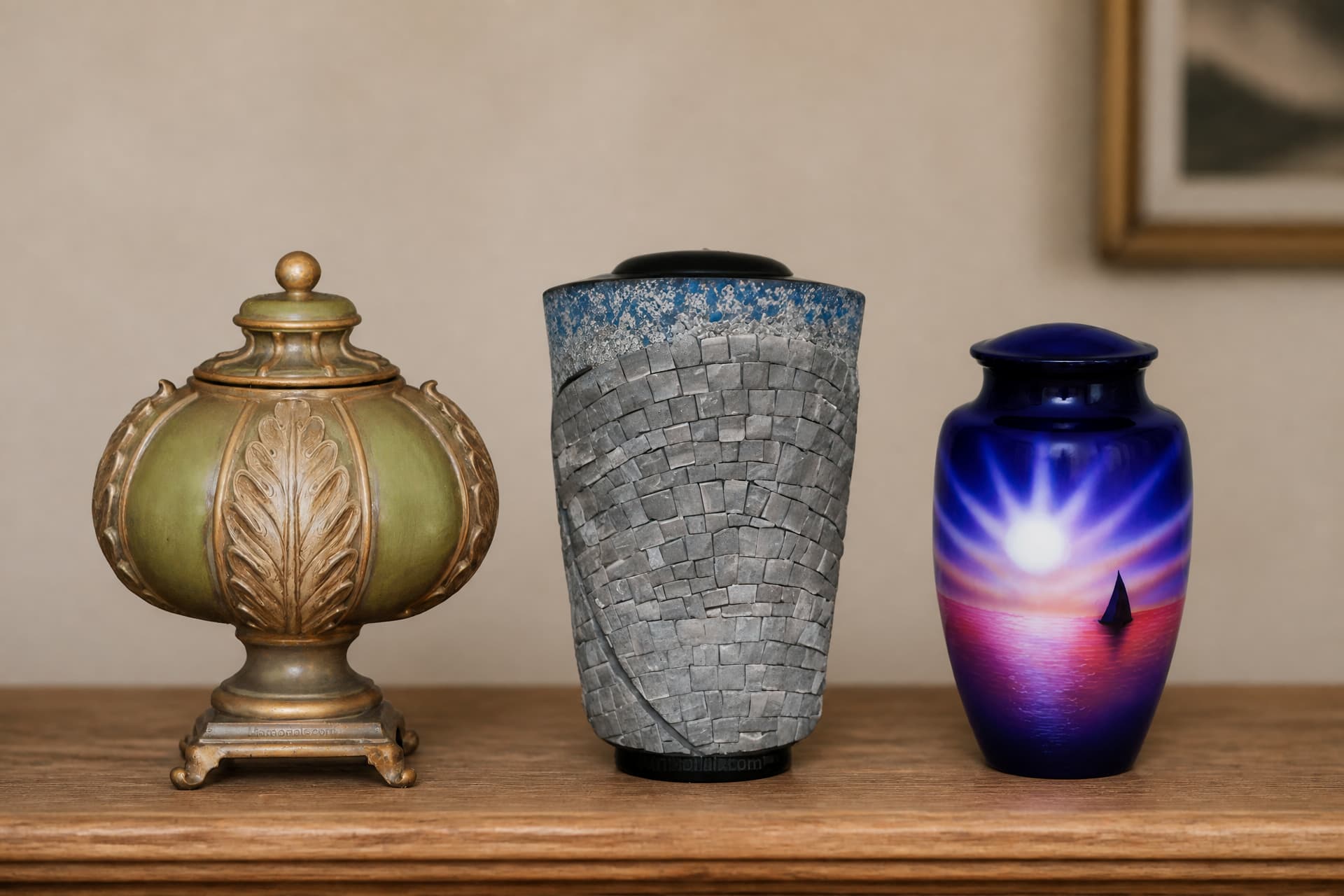 Three distinctly different urns in a row on a wooden sideboard β a green and gold footed urn with carved leaves, a tapered gray stone mosaic urn, and a blue metal urn painted with a sunset and a sailboat
