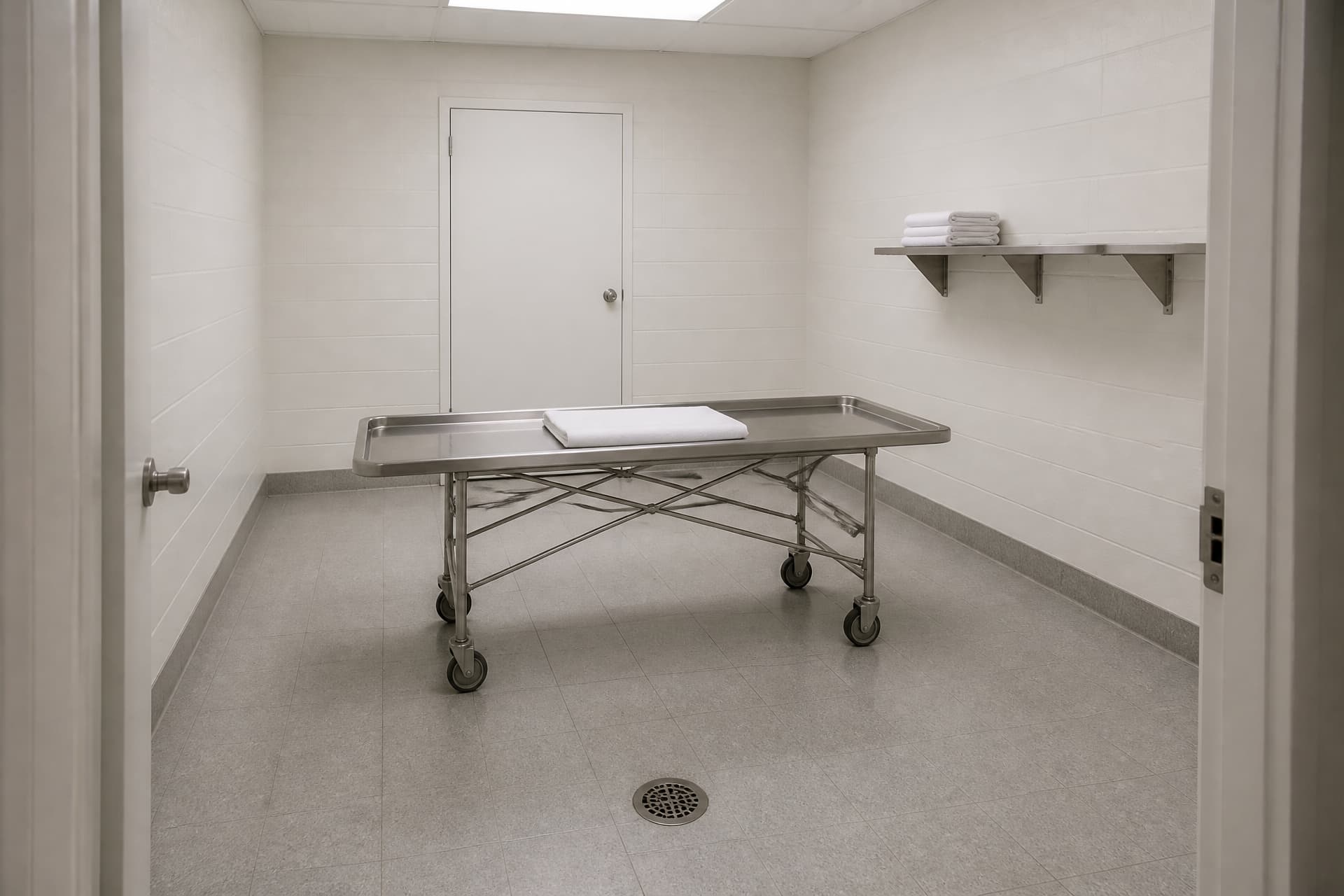 A bare, brightly lit funeral home holding room seen from its doorway, one empty stainless steel mortuary cot standing on the tiled floor with a folded white cover on it, a floor drain and a plain closed door beyond