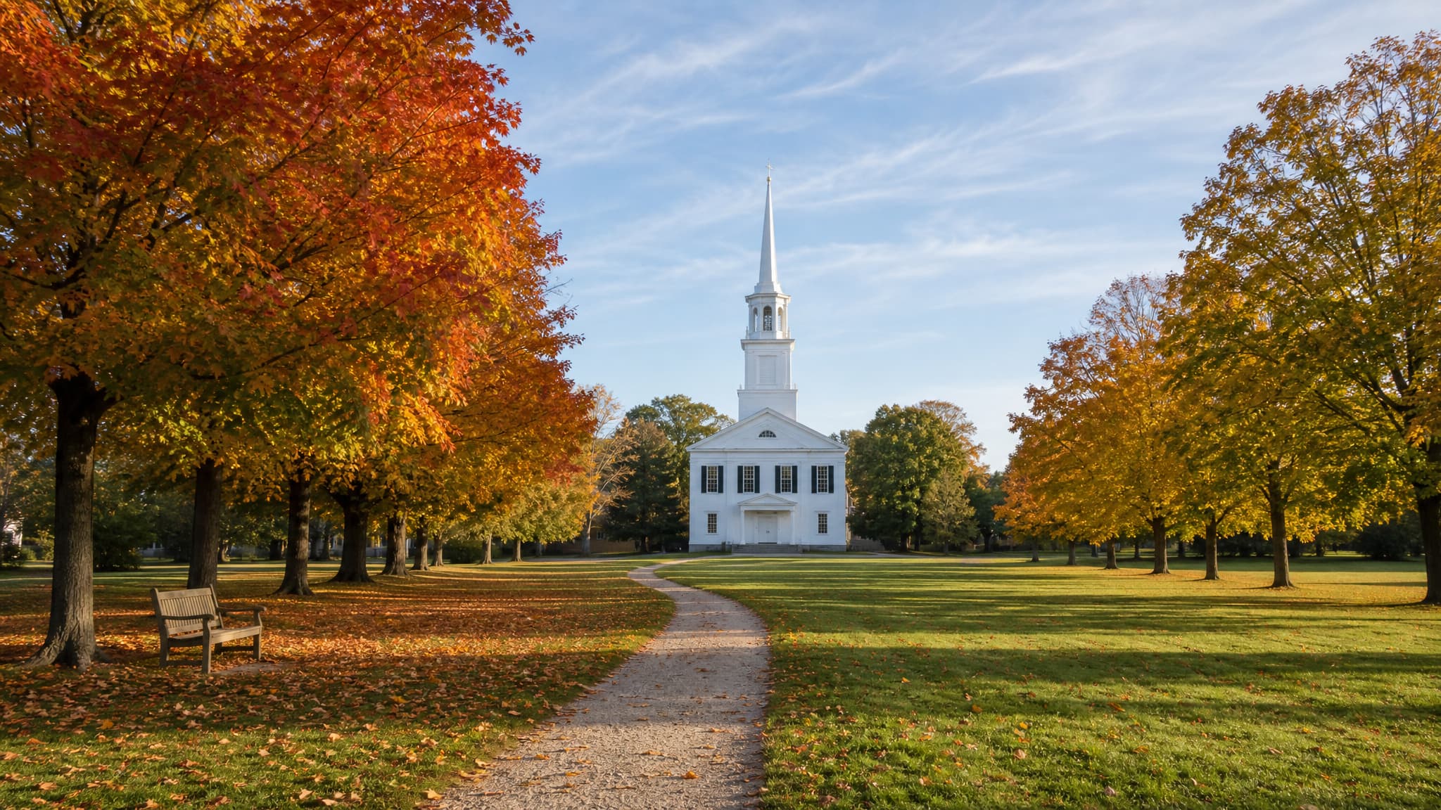 A Connecticut town green in early autumn under soft morning light, a white clapboard meeting house with a tall steeple standing on the far side, mature maples turning red and gold along the edges, and an empty gravel path crossing the mown grass