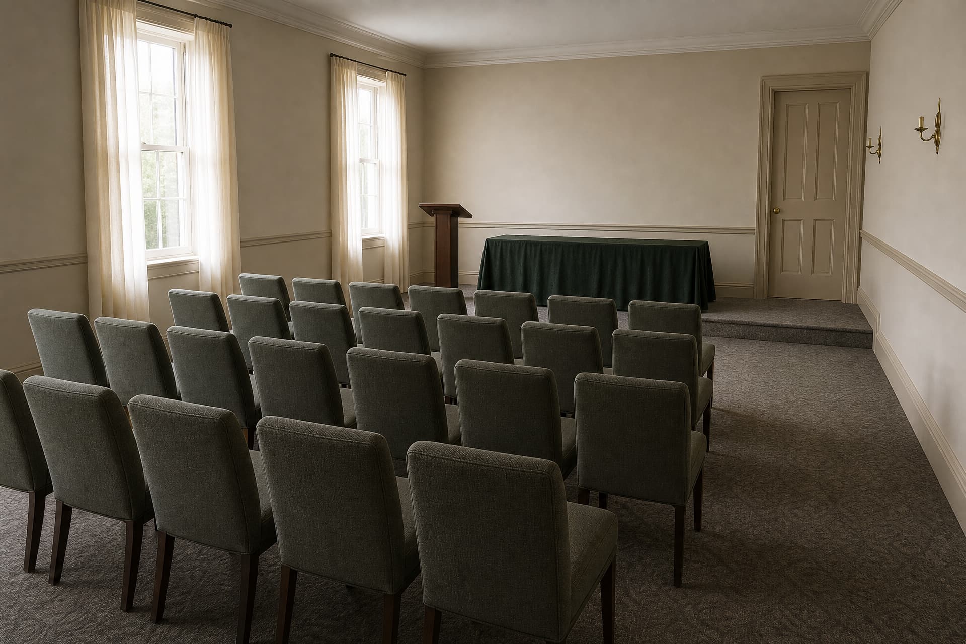 An empty funeral home viewing room lit by two tall curtained windows, three rows of gray-green upholstered chairs seen from behind facing a low green-draped bier on a carpeted step, with a wooden lectern and a paneled door beyond