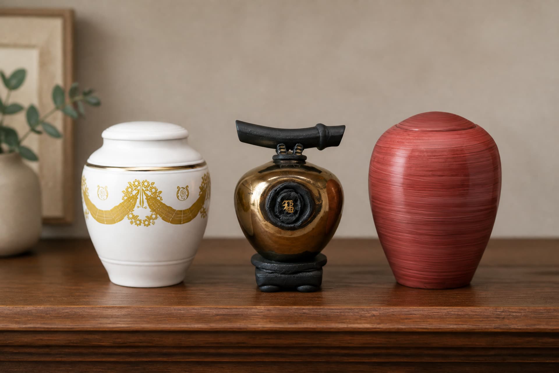 Three ceramic cremation urns in a row on a wooden sideboard โ a white porcelain urn with gold garland detail, a small gold and black raku urn on a footed stand, and a deep red ribbed urn