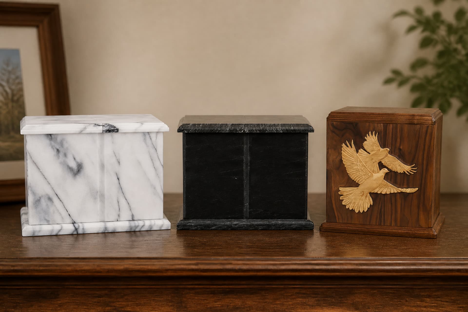 Three companion cremation urns in a row on a dark wood sideboard โ a white marble chest, a black marble chest, and a walnut chest with a gold dove relief โ with a framed picture blurred behind at the left