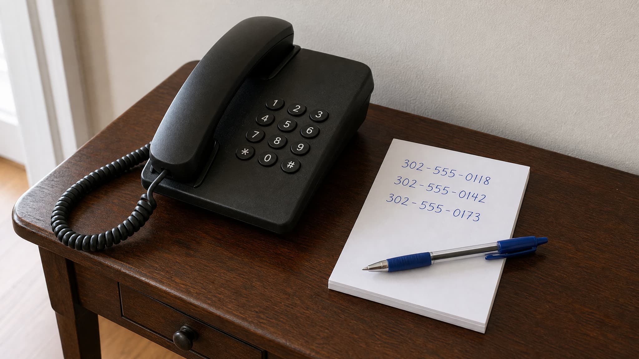 A black corded landline telephone on a dark wooden hall table beside a notepad with three phone numbers written one below another in blue ballpoint, and a pen resting on the pad