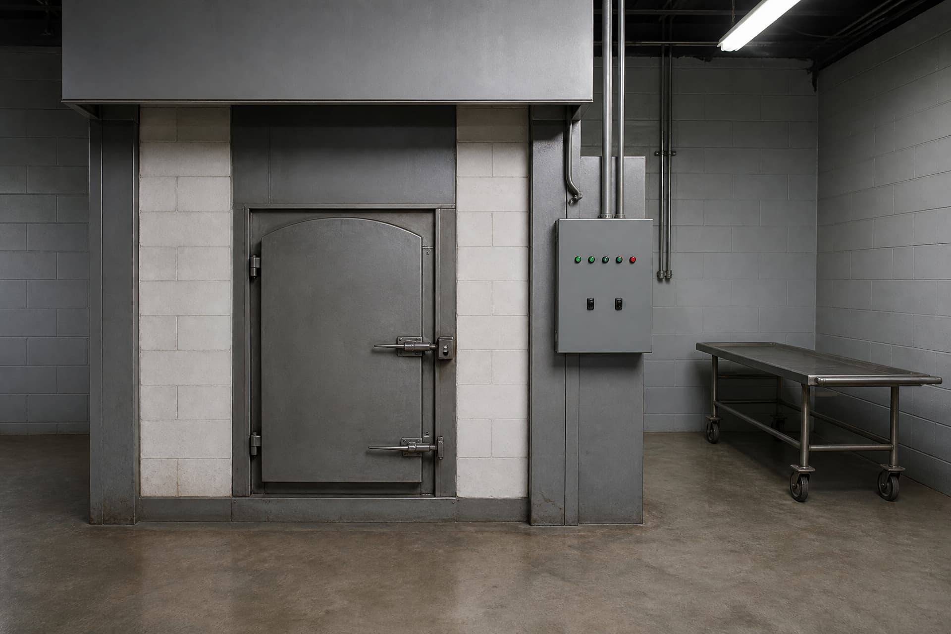 The inside of a working crematory, a single cremation chamber set into a steel and white firebrick housing with its heavy arched steel door closed and latched, a plain gray control panel beside it carrying five small indicator lights and two unlabeled switches, a bare concrete floor, gray block walls and a stainless steel gurney parked against the far wall on the right
