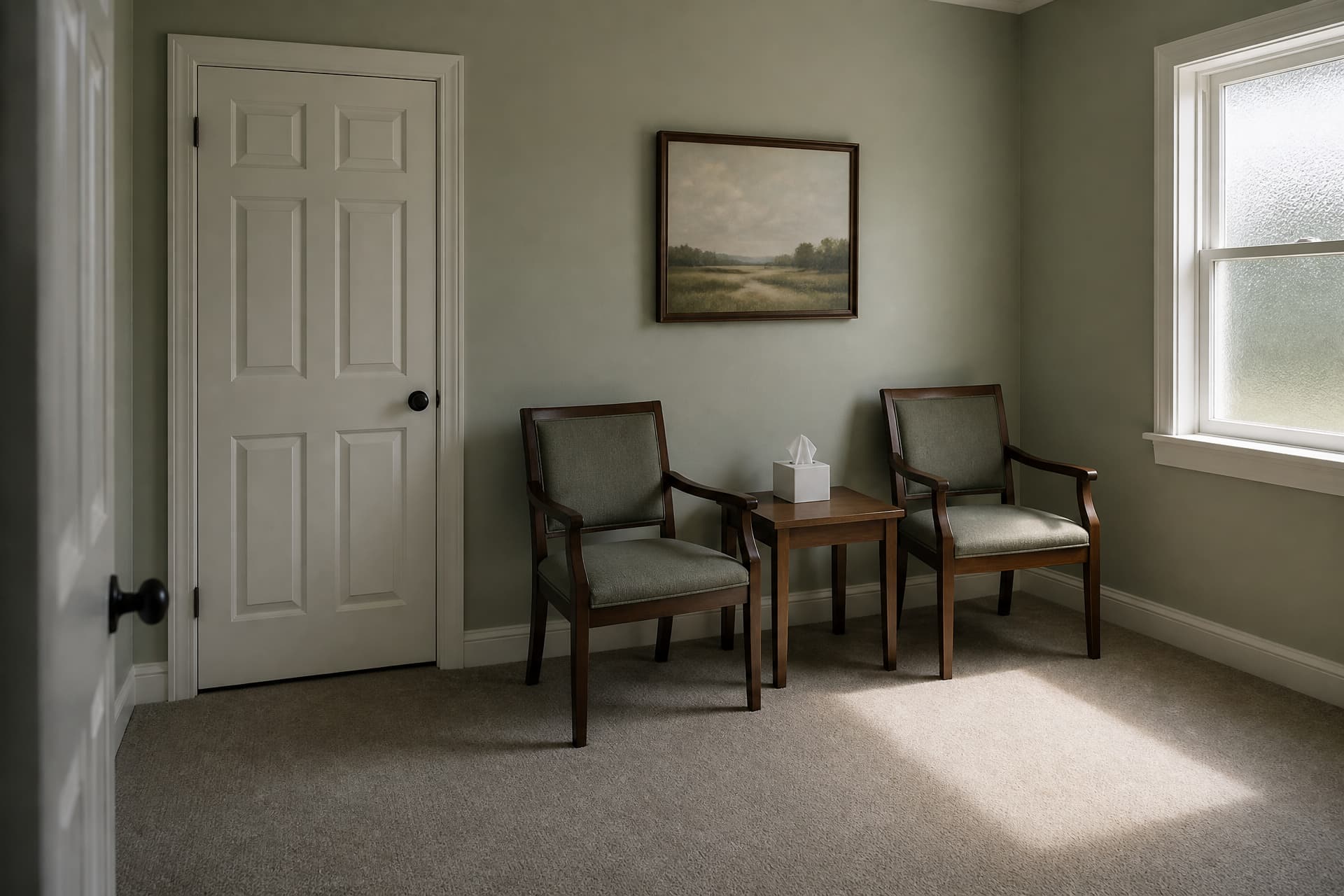 A small identification room in a funeral home, two dark wood armchairs with sage-green upholstered seats flanking a low wooden side table that holds a plain unmarked tissue box, a framed landscape painting on the pale green wall above them, a closed white six-panel door on the left and morning light falling across the carpet from a frosted window on the right