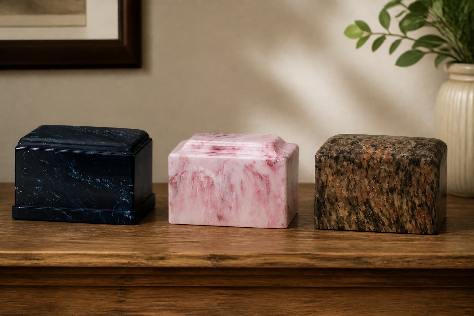 Three cultured stone cremation urns standing in a row on a wooden sideboard โ a dark navy urn with pale blue veining and a stepped base, a pink and white marbled urn with a peaked stepped lid, and a brown and black speckled granite-look urn with a rounded top