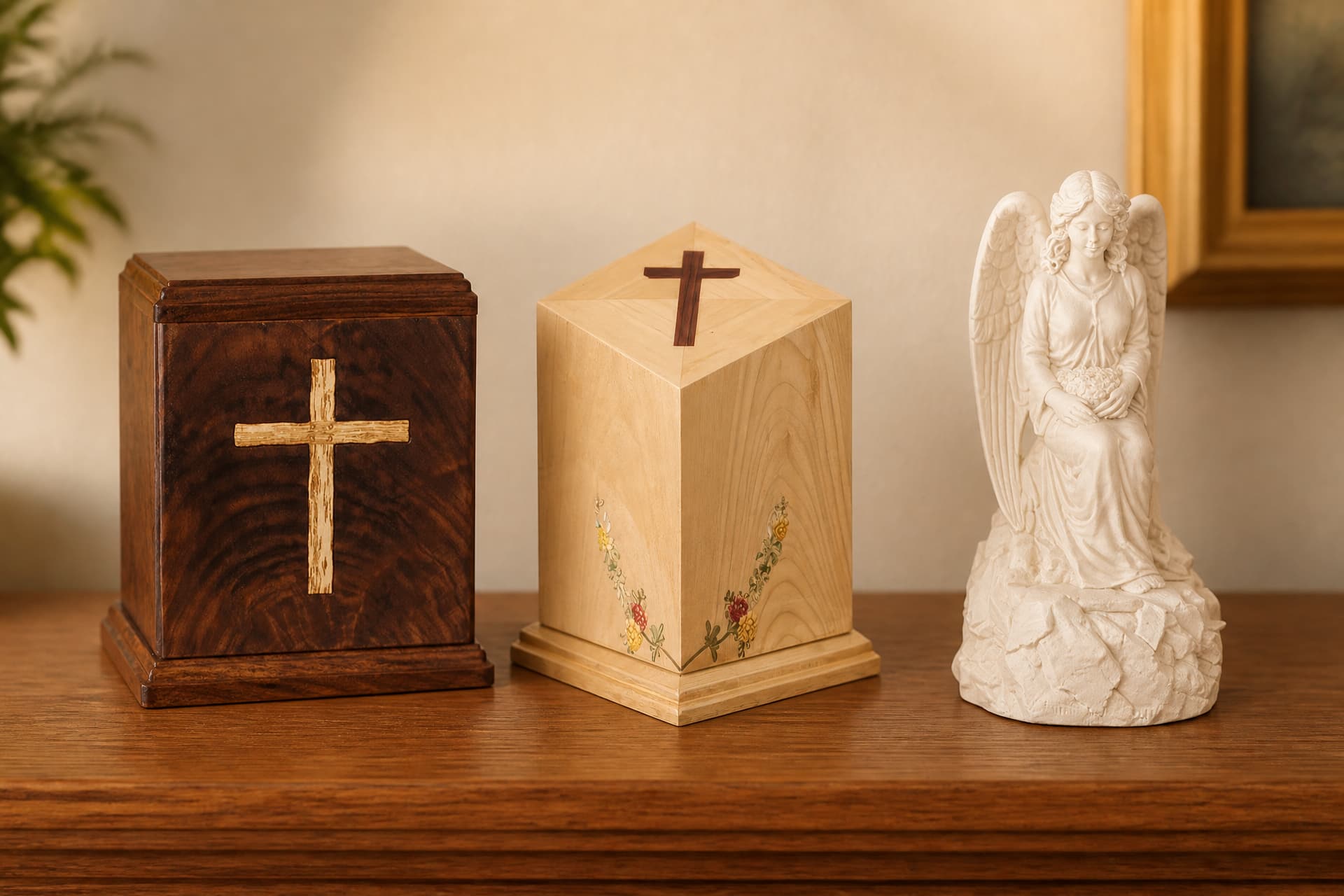 Three religious cremation urns on a wooden mantel โ a dark walnut box urn with a pale inlaid cross on the front, a pale maple urn with a peaked lid carrying a dark inlaid cross and painted flower sprays around its base, and a white seated angel figure holding flowers on a rocky base