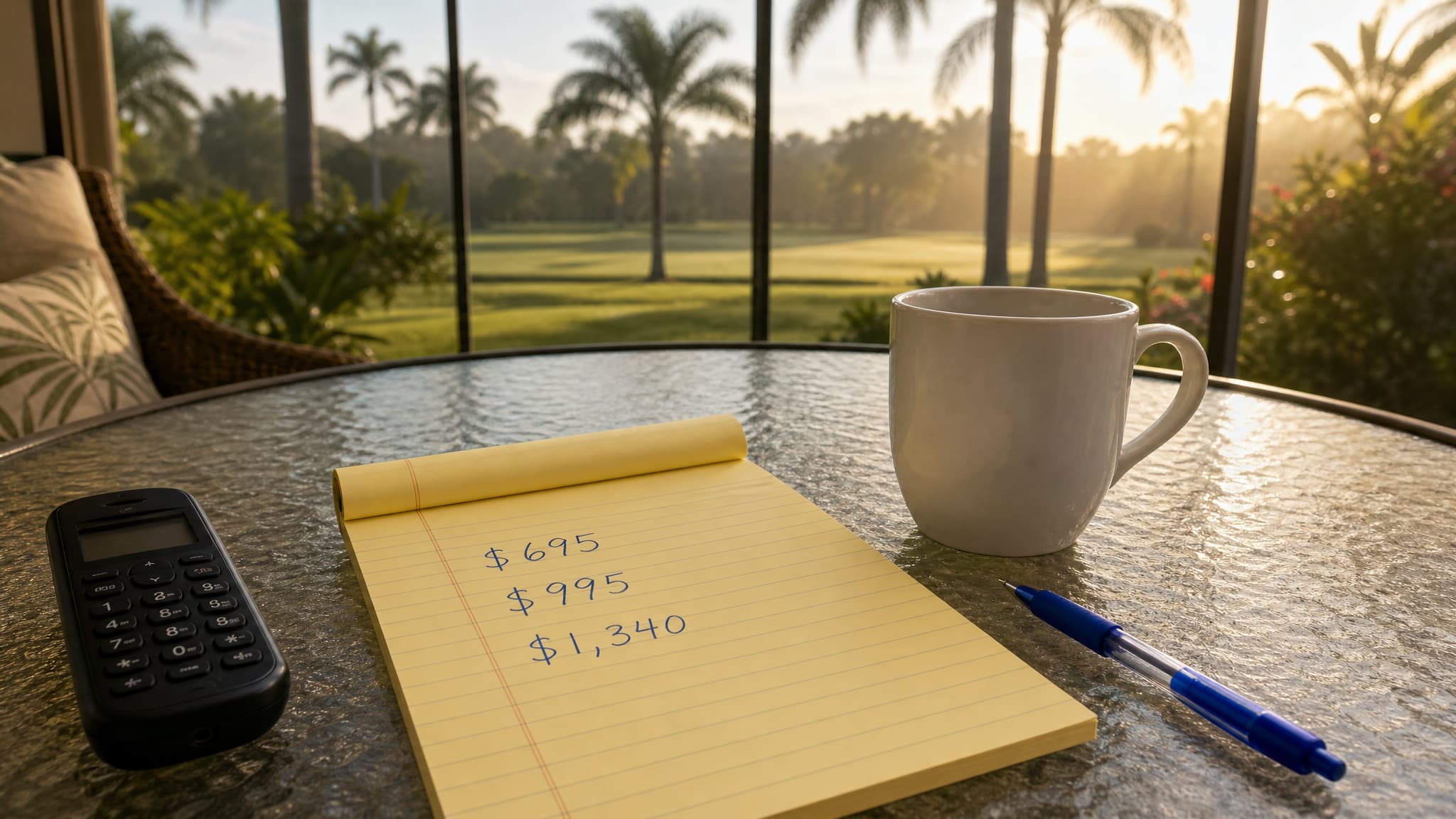 A glass patio table on a screened Florida lanai at sunrise, holding a yellow legal pad with three quoted prices written down in a column โ $695, $995 and $1,340 โ beside a cordless phone, a pen and a plain white mug, with palms and a lawn beyond the screen