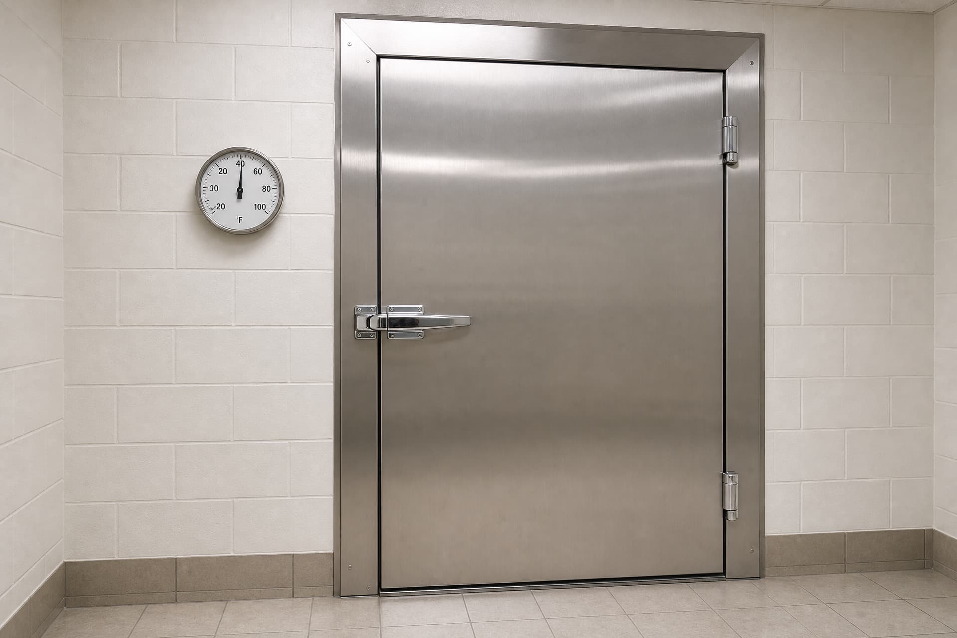 The stainless steel door of a walk-in refrigeration unit in a clean, empty funeral home holding room, with a wall-mounted temperature gauge reading forty degrees beside it