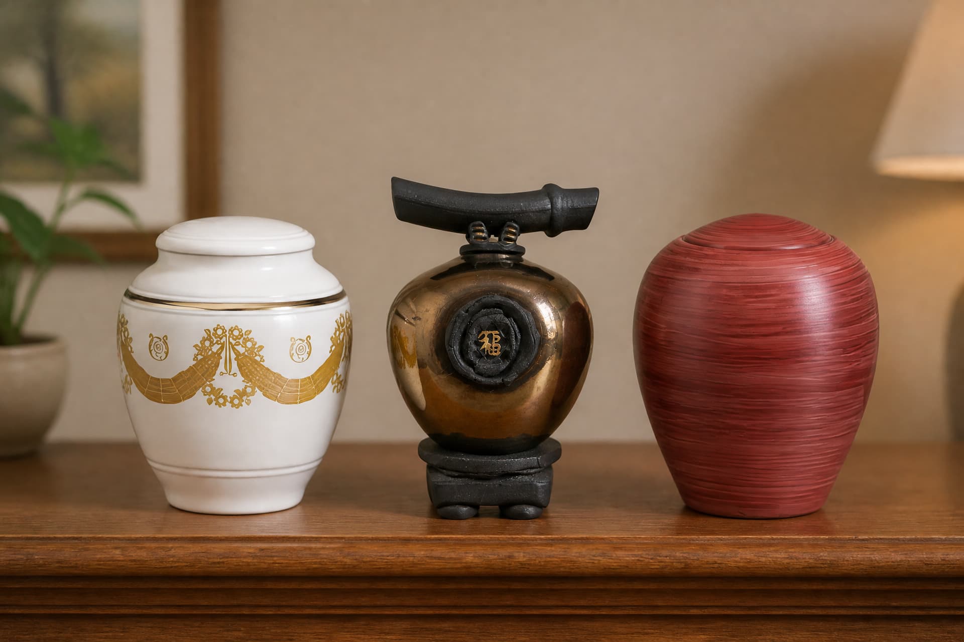 Three ceramic cremation urns standing on a wooden shelf in warm light โ a white urn with gold swag decoration, a bronze raku urn with a black bamboo-form handle, and a deep red urn with a brushed finish