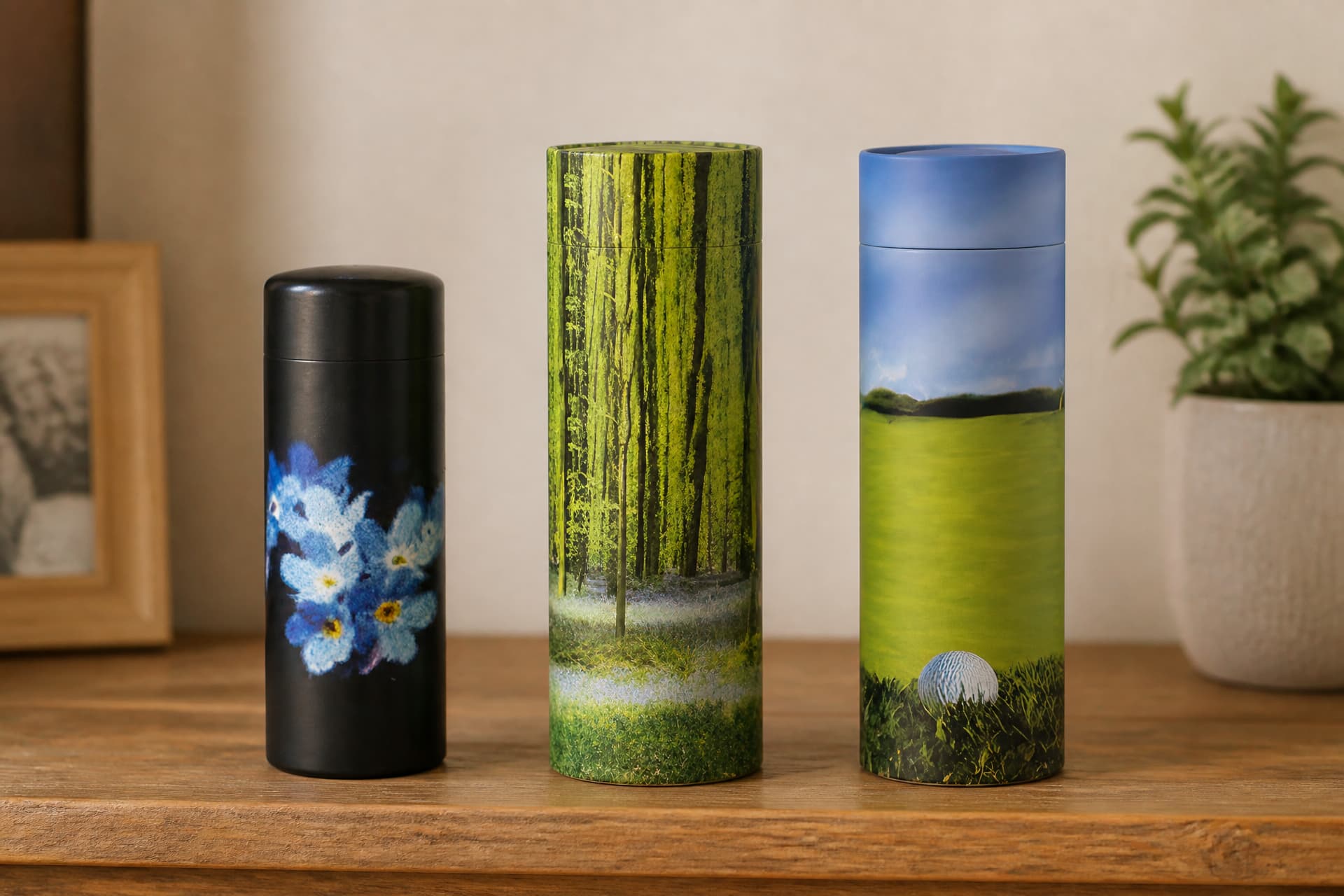 Three cylindrical biodegradable scattering urns standing on a wooden shelf โ one black with blue forget-me-not flowers, one printed with a sunlit forest, and one showing a golf green under a blue sky