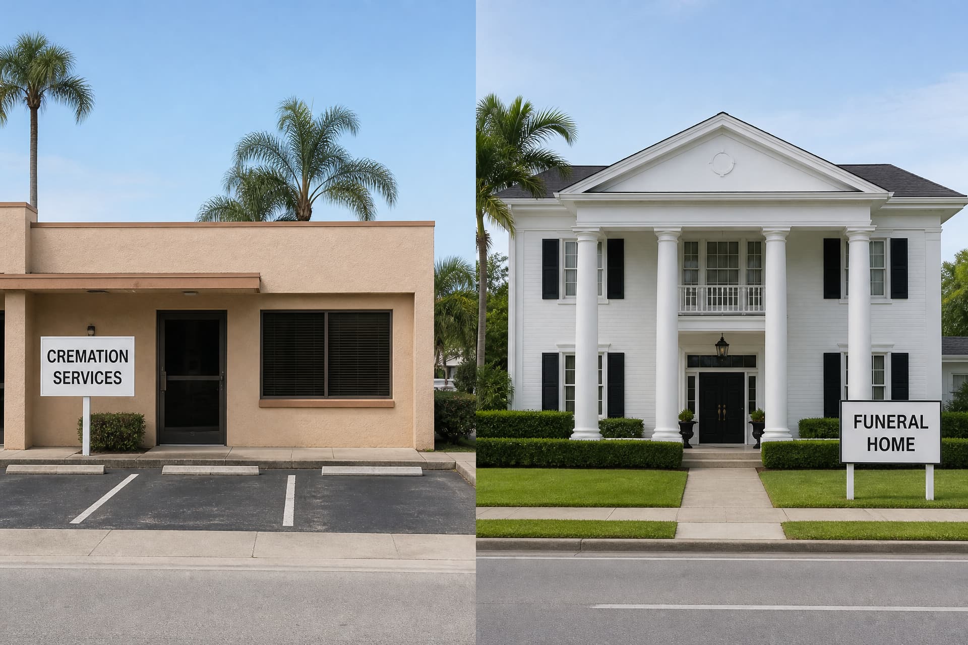Two Florida buildings photographed side by side at the same scale โ on the left a plain single-story tan stucco office unit with a small white sign reading CREMATION SERVICES, on the right a white columned funeral home with a portico, clipped hedges and a lawn sign reading FUNERAL HOME