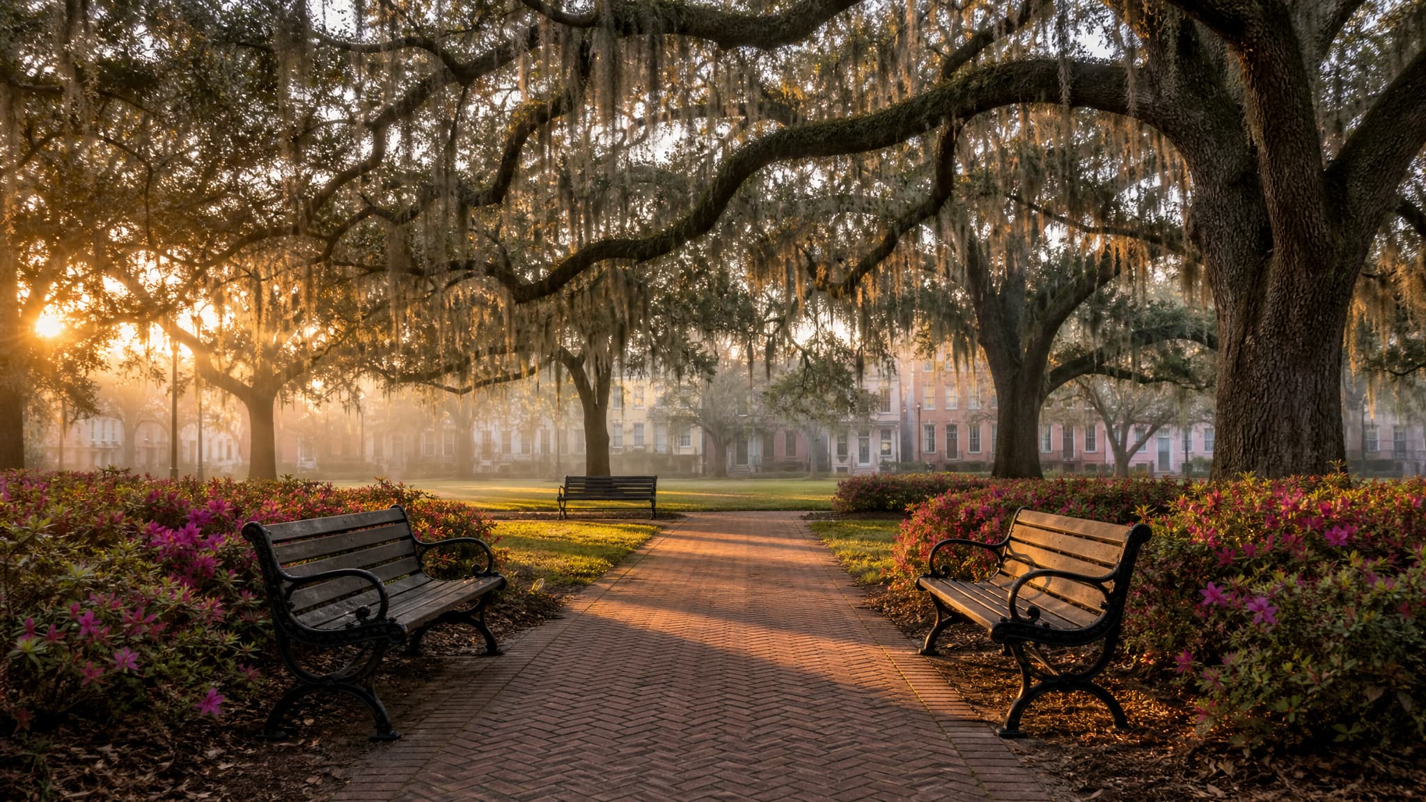 A public square in Savannah, Georgia at first light, live oaks hung with Spanish moss above a herringbone brick path, empty cast-iron benches between blooming azalea beds, low mist and the early sun coming level through the trunks, no people in frame