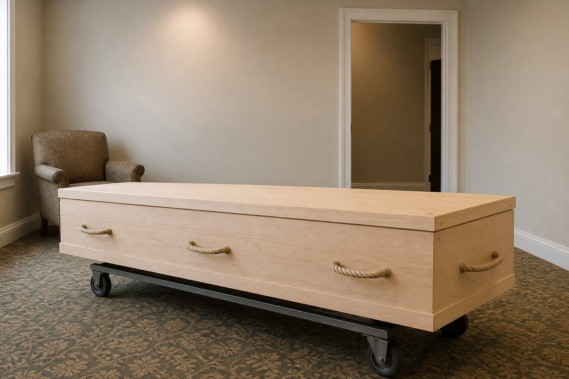 A single closed cremation casket of plain pale wood with rope handles on a low wheeled steel bier in an empty funeral home selection room, about six and a half feet long, photographed at eye level with an open doorway behind and an upholstered armchair beside it for scale