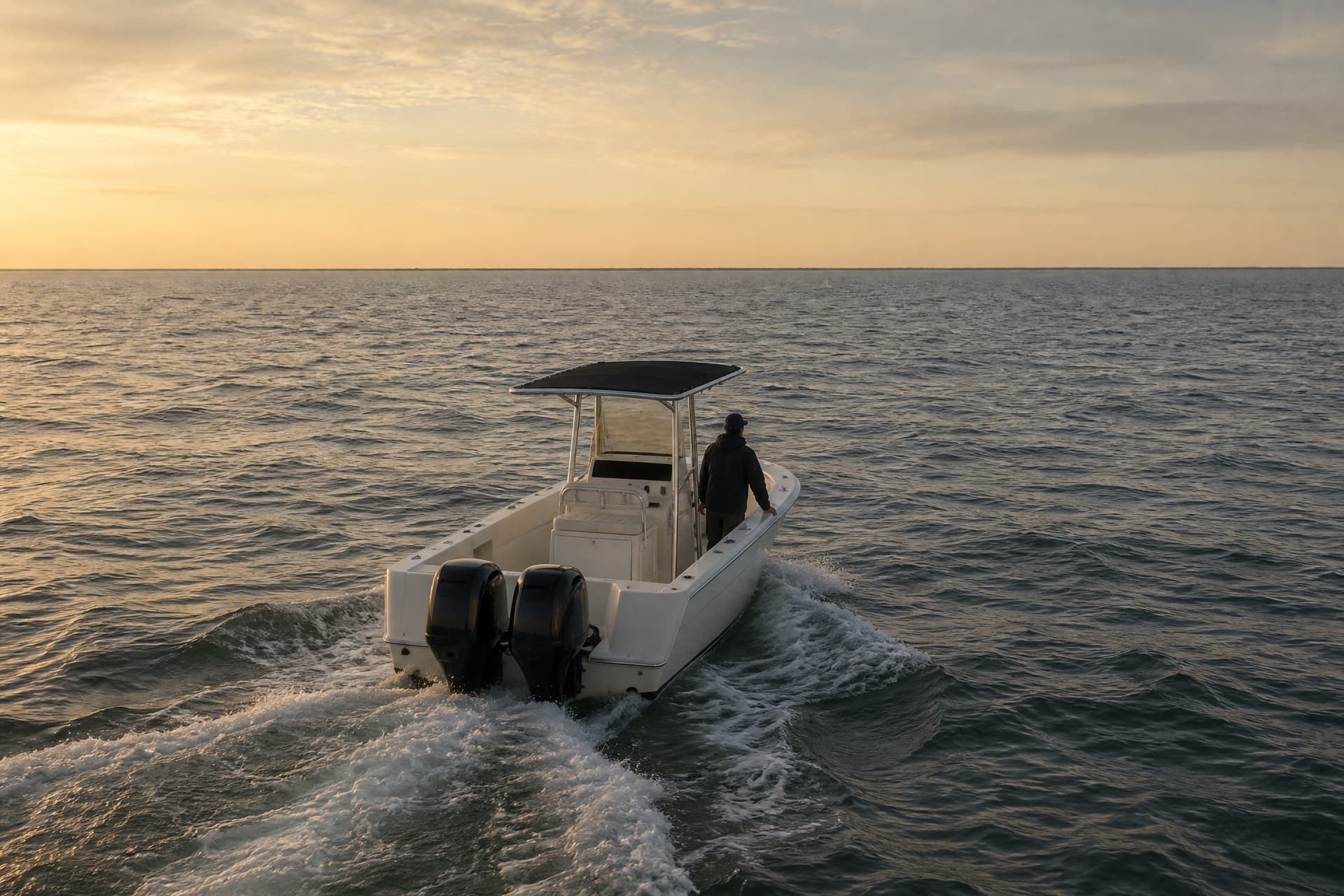 A small white center-console charter boat under way in open water off the Georgia coast at first light, seen from the stern quarter with its wake behind it, one person standing at the starboard rail with their back turned, and a faint low line of land on the horizon